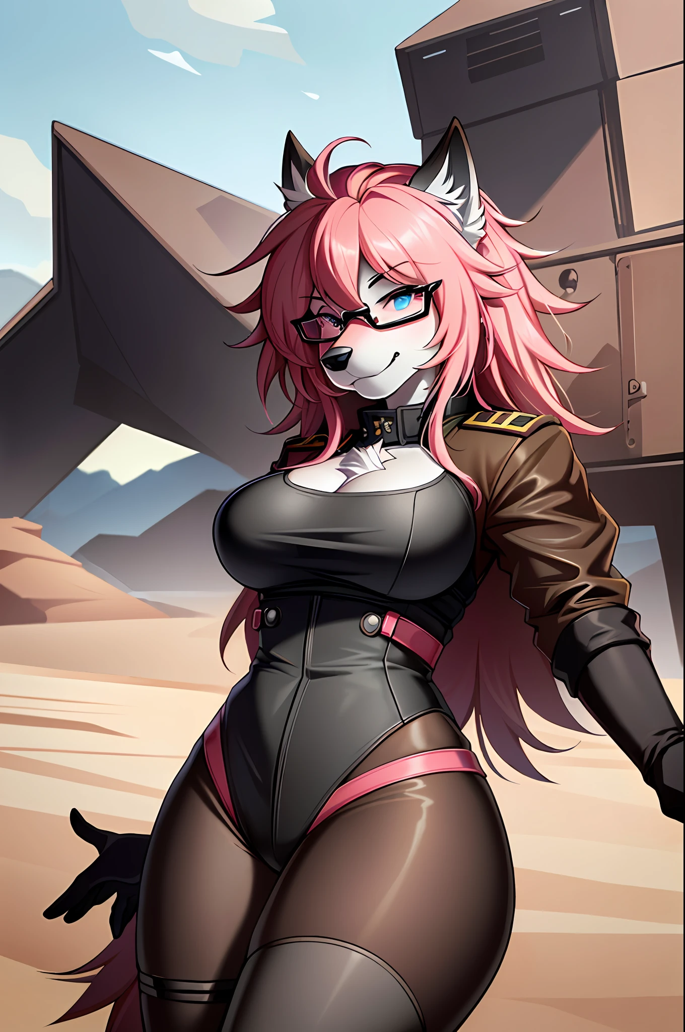 ((masterpiece, best quality)), (anthro furry:1.3, muzzle:1.2, anthro:1.3, furry:1.2, closeup:1.2, female solo:1.2, (wearing russian military coat) military pants, wearing glasses, fox spiraled in the colors of funtime foxy,five nights at freddy,white skin pink details, pink eyes, sexy position, desert ambient place,tank blimdado behind
