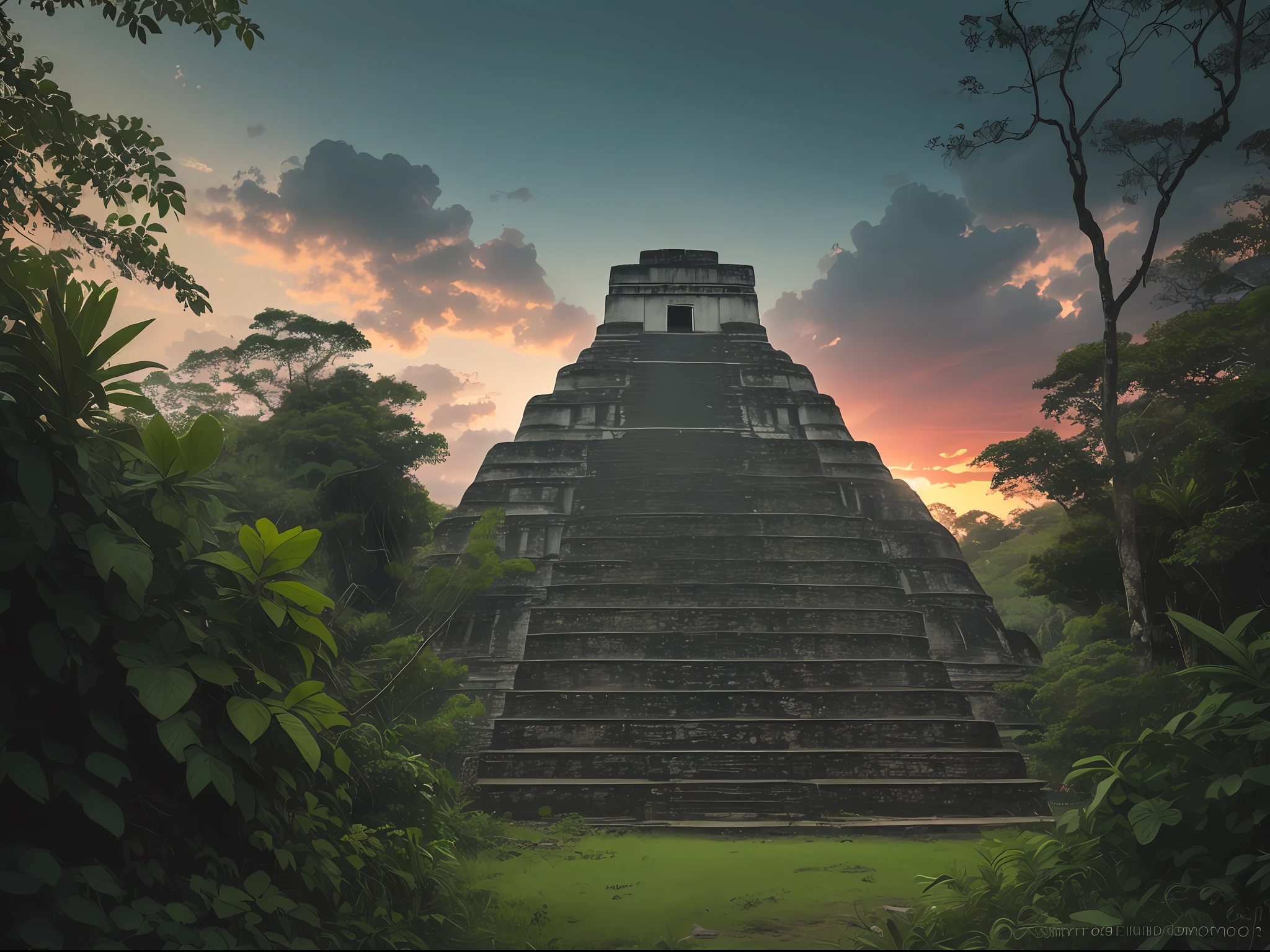 An amazing historical photograph of Tikal in the style of Peter Lik. The photo captures the ancient ruins in the heart of the jungle, surrounded by lush vegetation. The lighting is dramatic, with the sun setting behind the ruins, casting long shadows across the ground. --auto --s2