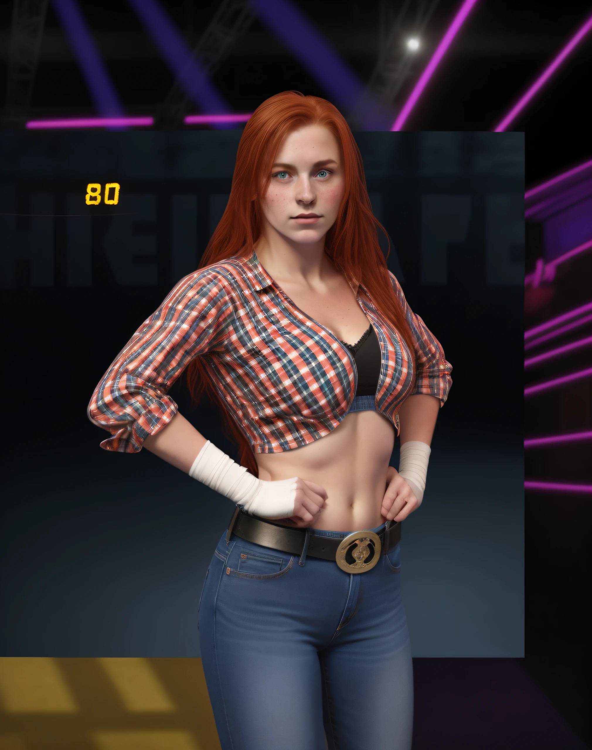 Redhead female wrestler in plaid shirt and black bra, blue jeans, Texas belt buckle, white wrist tape, freckles, photo realistic, intricate details
