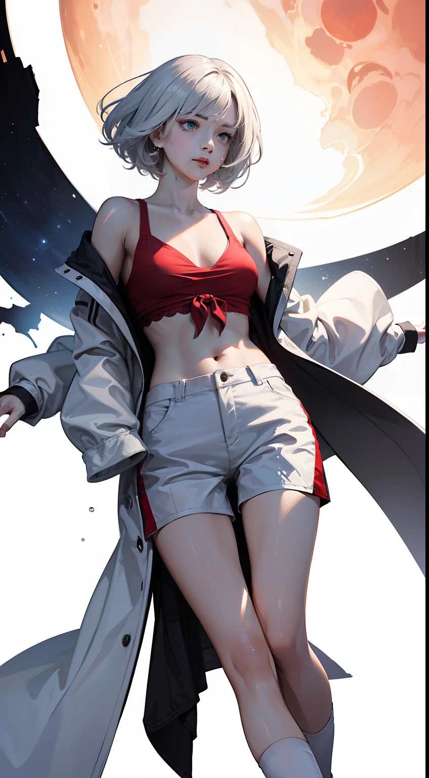 (((1boy))),Damaged clothes, chest muscles, open clothes,off shoulde,wet, (black short socks:1.25), (((white shoes))),white hair,red shorts,white shirts,masterpiece, best_quality, clear details,[(white background:1.5)::5], (bottle bottom:0.9),  mid shot, full body,  [(red moon background:1.2):5],(full body.1.3),dynamic pose,  detailed eyes,coat, ray tracing, perfectlighting,clear details,(Rich in detail), masterpiece, (red moon decoration,red moon pattern), (magic atmosphere), tyndal effect, (balance and harmony between all things), absurdity, water droplets, plasma, particle effect, crystal clear texture, star_ (sky), space, starry_sky,galaxy, solo, cleavage, lighting, light, dynamic angle, depth of field, light and shadow, real light and shadow, diffuse, lens flare, bloom, intricate, photography, attention to detail, depth of field, dramatic lighting, volumetric lighting, high contrasts, character art, Exaggerated body proportions, greasy skin, realistic and delicate facial features, sexy body,
