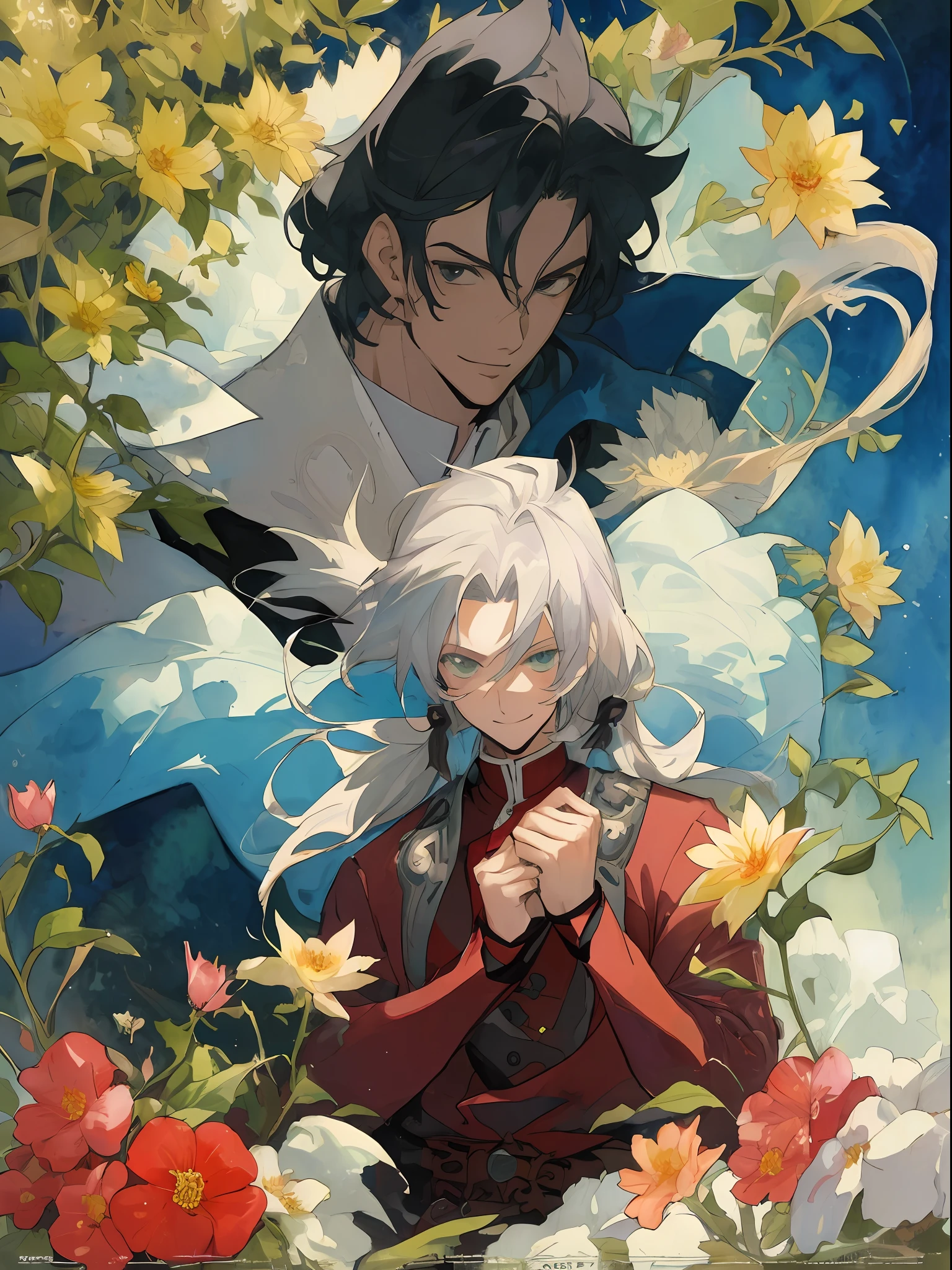 ((top quality, masterpiece)), two handsome men, comic art, watercolor, otaku gangasta, Sirius A and Sirius B, from high quality fan art, fantasy, scripted academia, epic anime style, anime posters, detailed fan art, illustrations, Akihiko Inoue and Rostran, flowers, smiles