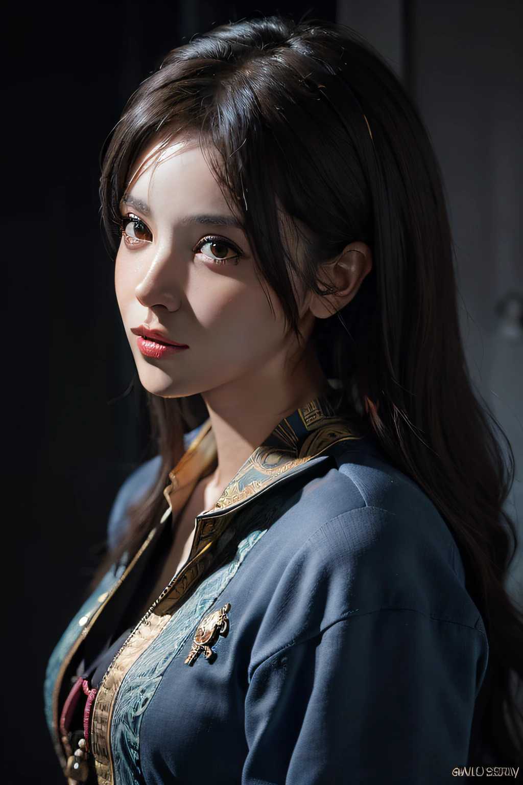 Hyperrealist portrait of female by david hockney and alphonse mucha,fantasy art, photo realistic, dynamic lighting, artstation, poster, volumetric lighting, very detailed faces, 4 k, award winning,, 1girl, in the dark, deep shadow, low key,cowboy shot,(official clothing:1.4) ,long hair,white hair,