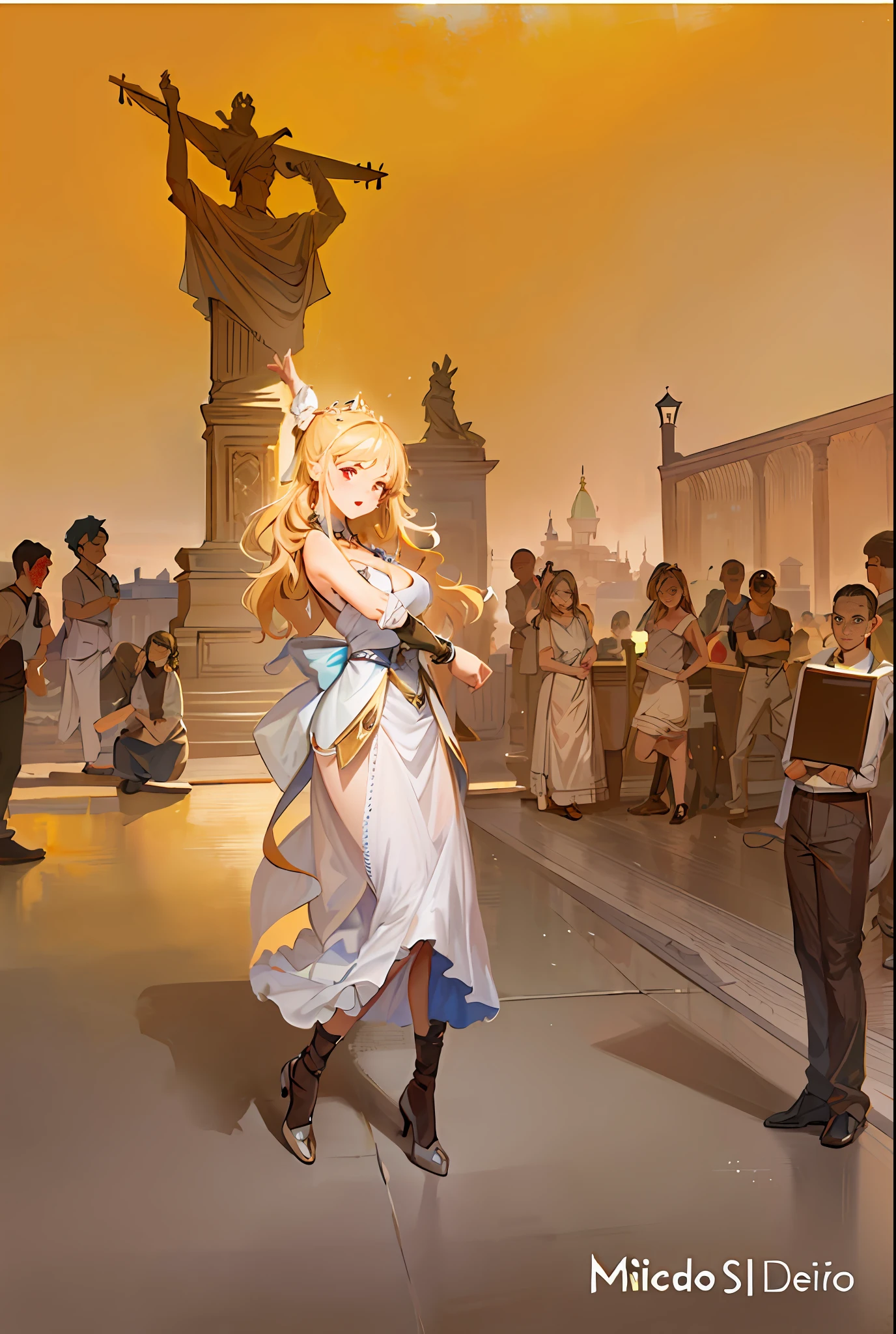 Model shooting style, (extremely detailed CG Unity 8k wallpaper), full-shot body photo of the most beautiful artwork in the world, stunning beautiful photo realistic available, super realistic super detailed photo, a beautiful girl as a female dancer entering the Loggia dei Lanzi of Florence,complex dress, banquet, crowd, [slight smile], (Sculpture of Hercules background), (princess eyes, shining pupils), detailed symmetrical beautiful hazel eyes, detailed gorgeous face, highly detailed, Vibrant, professional majestic oil painting by Ed Blinkey, Atey Ghailan, Studio Ghibli, Jeremy Mann, Greg Manchess, Antonio Moro, ArtStation Trends, CGSociety Trends, Complex, High Detail, Sharp Focus, Dramatic, Realistic Painting Art, by Midjourney and Greg Written by Rutkowski