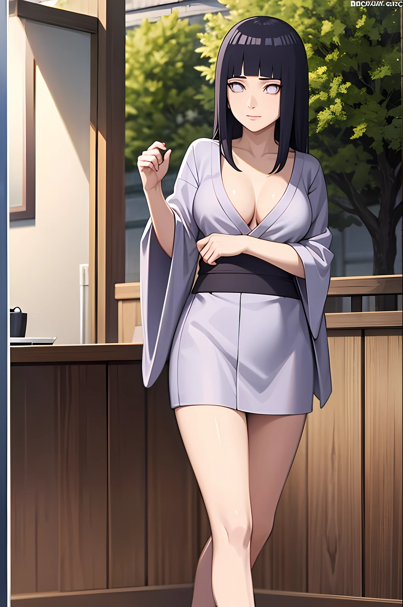 masterpiece, best quality, hinata/(boruto/), long hair, medium breast, short kimono, slim legs