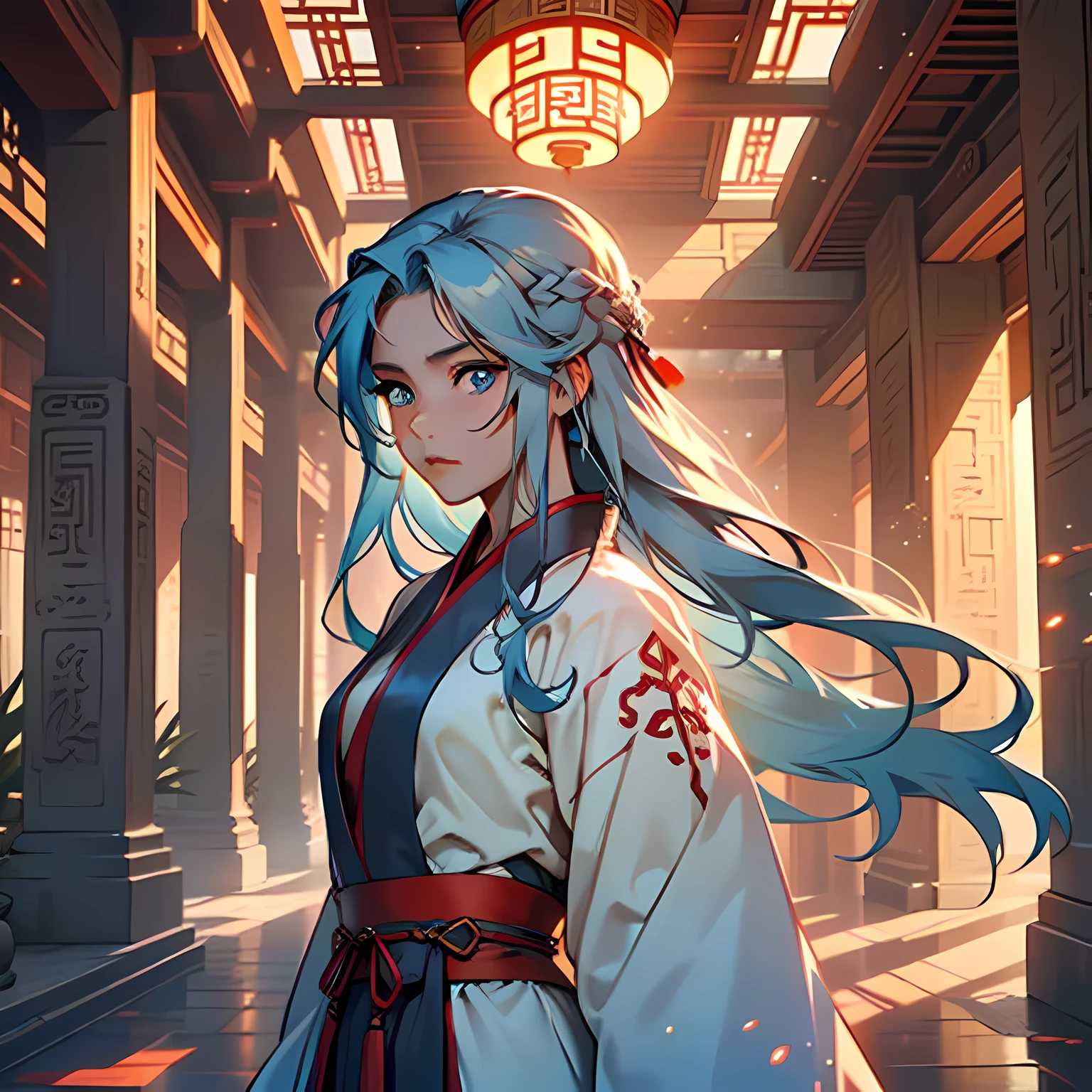 33. (5 people) (a group of mi(((agirl))), (((Blue Eyes))),(((Long Blue hair))),Light blue dress with white light gauze jacket, young woman graceful and dignified,le-aged Hanfu shocked and talked to each other) (background: in the sacred, resplendent palace hall of ancient China).