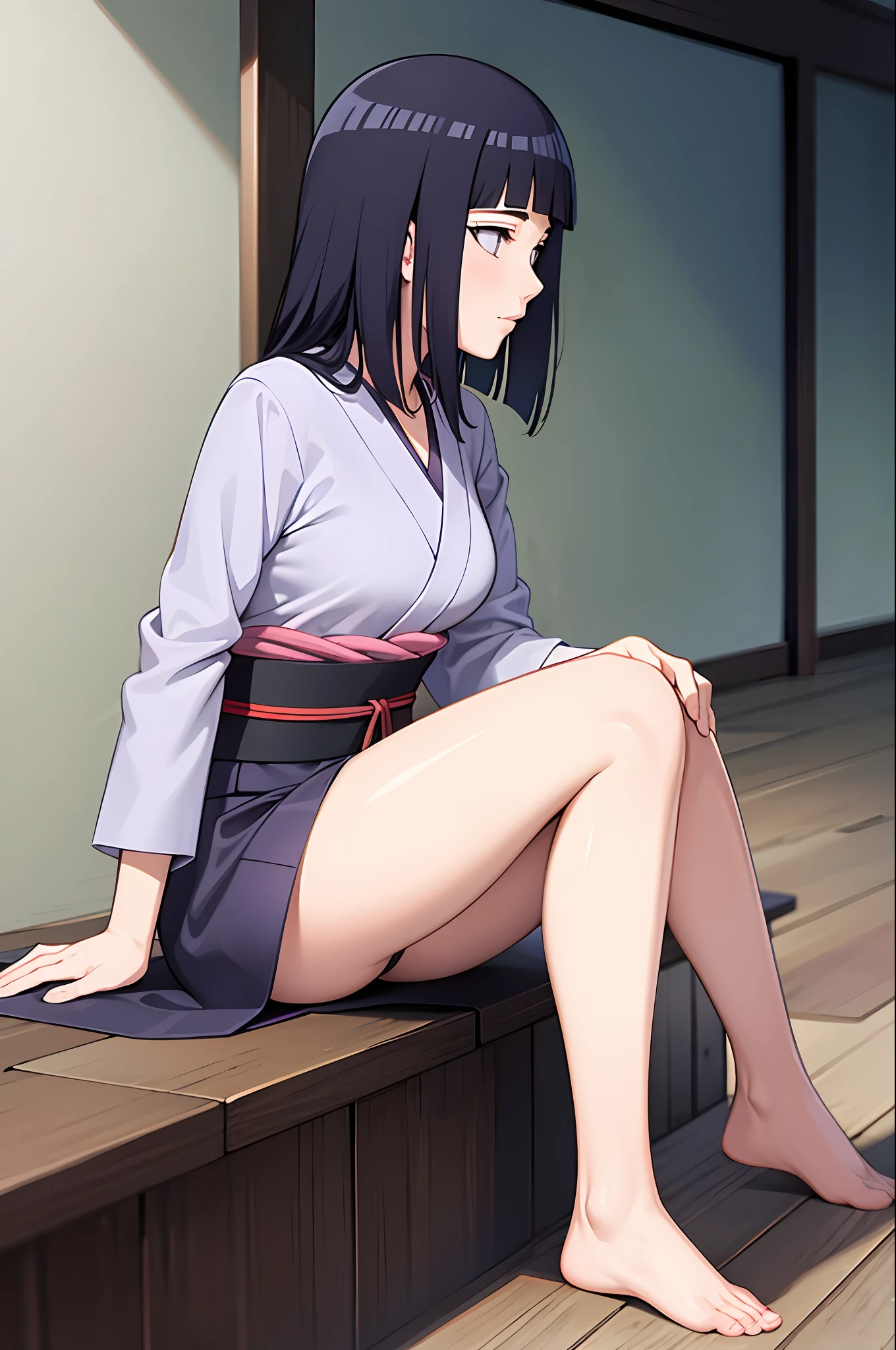masterpiece, best quality, hinata/(boruto/), long hair, medium breast, short kimono, slim legs