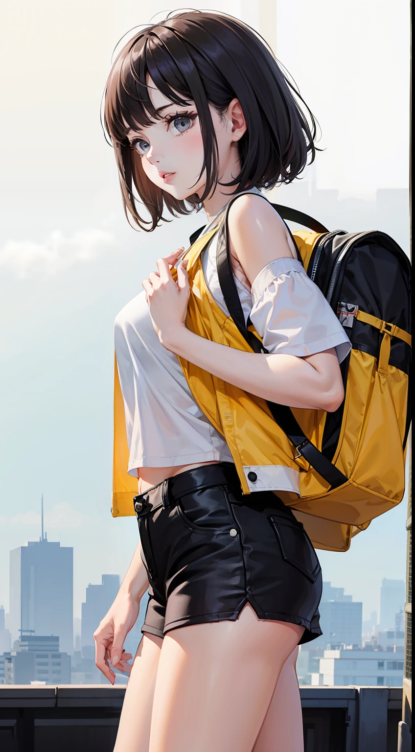 ,A girl, masterpiece, ((fine pattern, intricate detail)), best quality, intricate detail, color difference, black hair, messy hair, oversized shirt, off shoulder, sheer white shirt, white background, clean background, model, soft light, clear light, bright picture, clean picture, yellow coat, black backpack, Right in front of the audience, white sports underwear, open clothes, vest line, black hot pants, black short shorts,