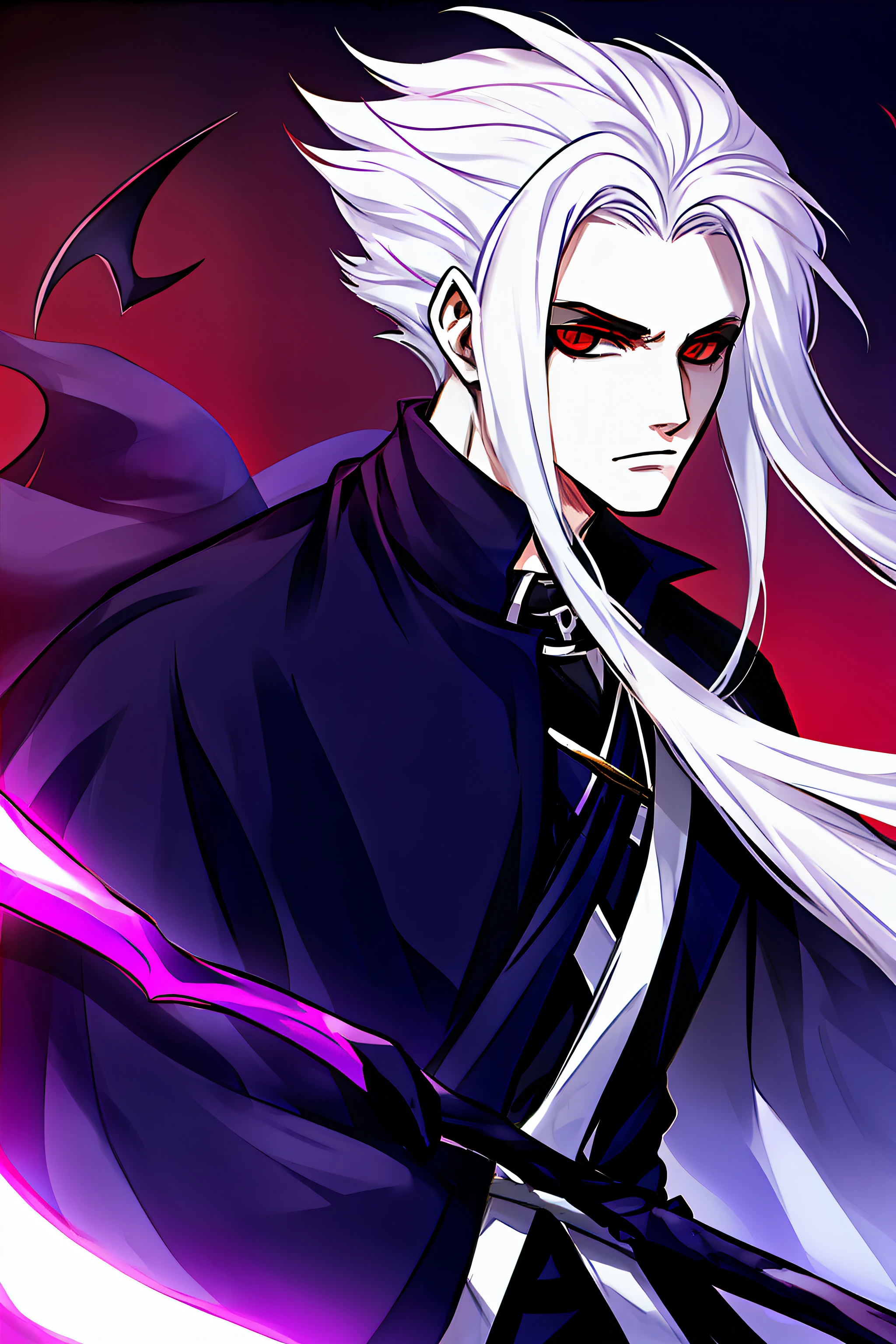 A guy in a necromancer's outfit with big white hair, a scythe in his hand and red eyes with dark energy all around him