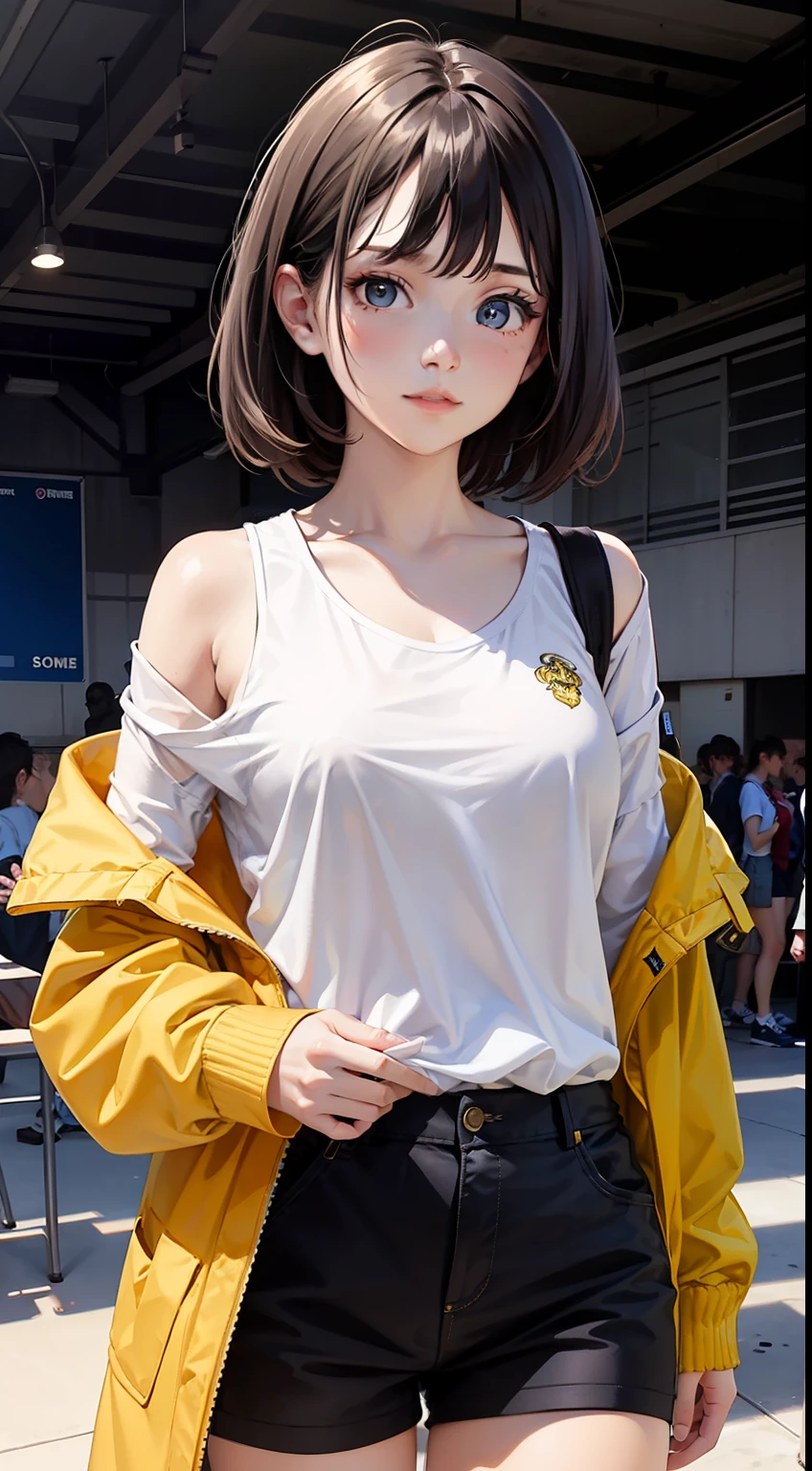 Anime girl in a white shirt and black shorts posing for a picture ...