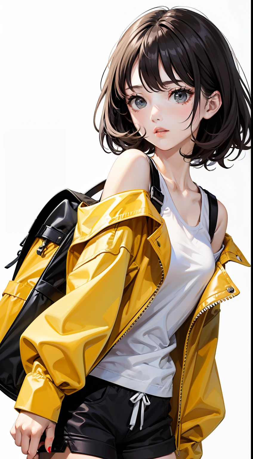 ,A girl, masterpiece, ((fine pattern, intricate detail)), best quality, intricate detail, color difference, black hair, messy hair, oversized shirt, off shoulder, sheer white shirt, white background, clean background, model, soft light, clear light, bright picture, clean picture, yellow coat, black backpack, Right in front of the audience, white sports underwear, open clothes, vest line, black hot pants, black short shorts,