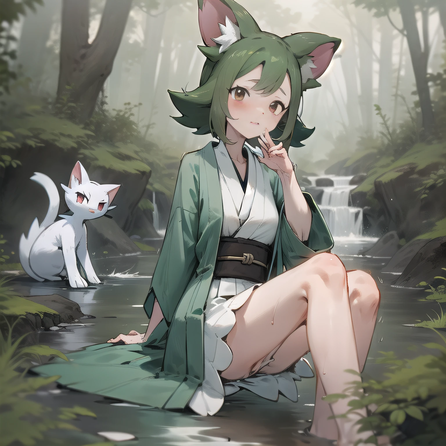 Masterpiece, HD, Ultra HD, 4K) Brunette hair, pure, 14 year old Japanese cat-eared girl, girl fully naked, a furry white tail, playing with Pokemon (creatures) and together in a stream with crystal clear forest, girl with hair scattered, relaxed expression, blushing