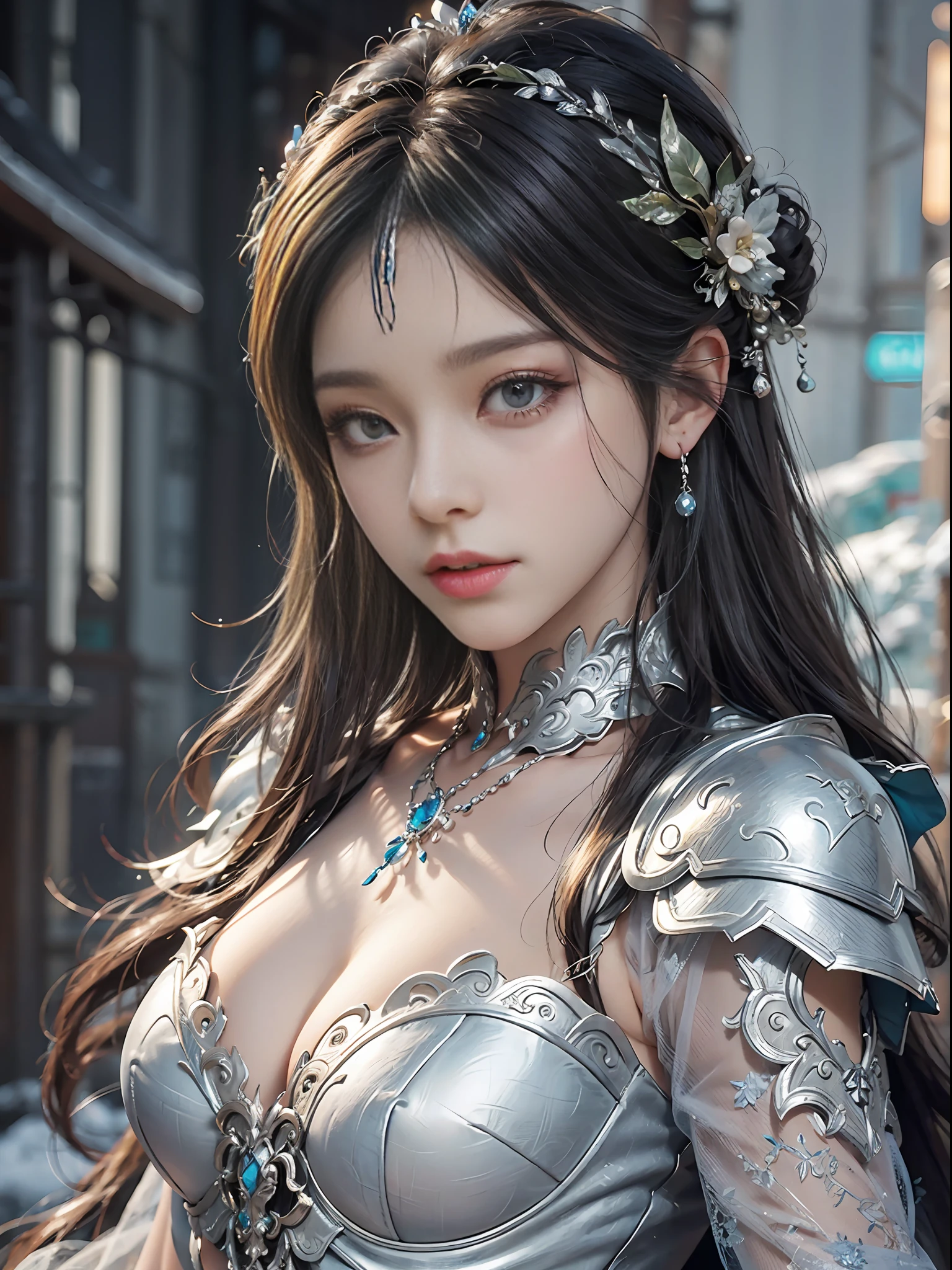 Close-up of a woman in a silver blue dress, Cheng Weipan Art Station, Xiuxian Technology Sense, Ice and Snow Beauty, Gauze Sleeves, Detailed Fantasy Art, Stunning Character Art, Epic Exquisite Character Art, Beautiful Armor, Extremely Detailed Art Sprout, Detailed Digital Animation Art, Art Station Pixiv on Artgerm, Armor Girl, Exquisite Intricate Headdress and Jewelry
