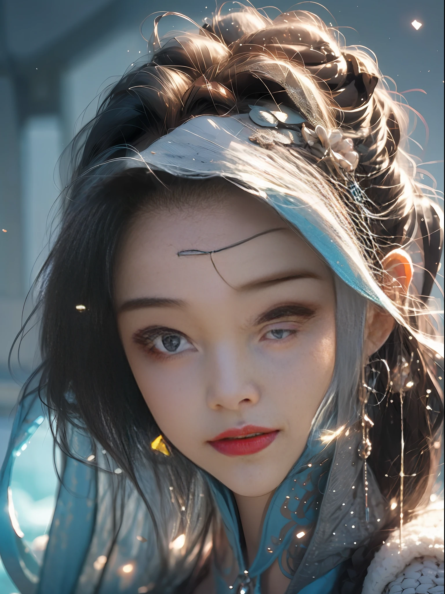Close-up of a woman in a silver blue dress, Cheng Weipan Art Station, Xiuxian Technology Sense, Ice and Snow Beauty, Gauze Sleeves, Detailed Fantasy Art, Stunning Character Art, Epic Exquisite Character Art, Beautiful Armor, Extremely Detailed Art Sprout, Detailed Digital Animation Art, Art Station Pixiv on Artgerm, Armor Girl, Exquisite Intricate Headdress and Jewelry