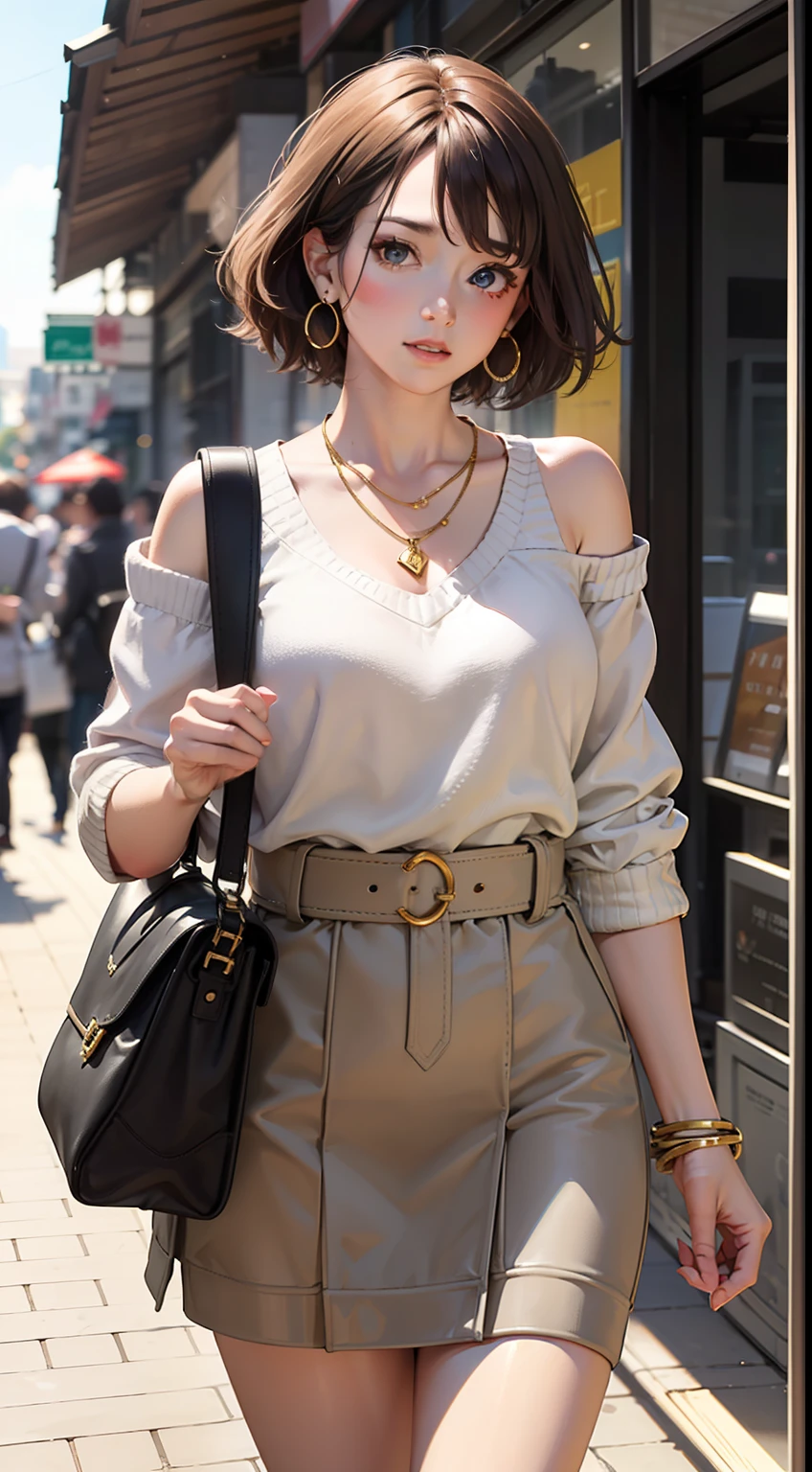 (8K, masterpiece, best quality, ultra-detailed:1.2), extremely detailed face,beautiful detailed eyes,beautiful detailed lips, film lighting, cinematic lighting, ray tracing, illustration, disheveled hair,
1girl, Brown hair, Short hair, White sweater, One word shoulder, Shoulder exposure, Brown skirt, Short boots, With a bag in his hand, Gold earrings, Gold necklace, Whole body, Street, Stand in front of a clothing store, Sunshine, Passersby,