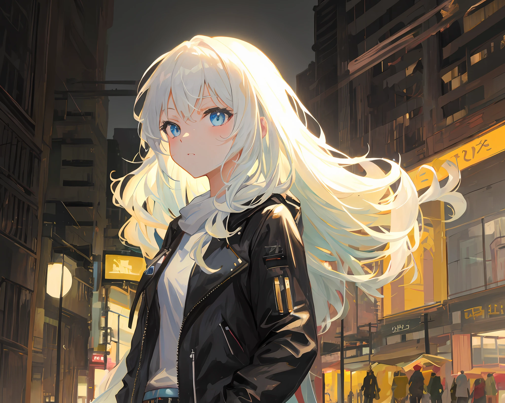 anime girl with long white hair and blue eyes in a city, anime style 4 k, digital cyberpunk anime art, anime art wallpaper 8 k, anime art wallpaper 4k, anime art wallpaper 4 k, 4k anime wallpaper, badass anime 8 k, best anime 4k konachan wallpaper, anime cyberpunk art, anime wallpaper 4k, anime wallpaper 4 k