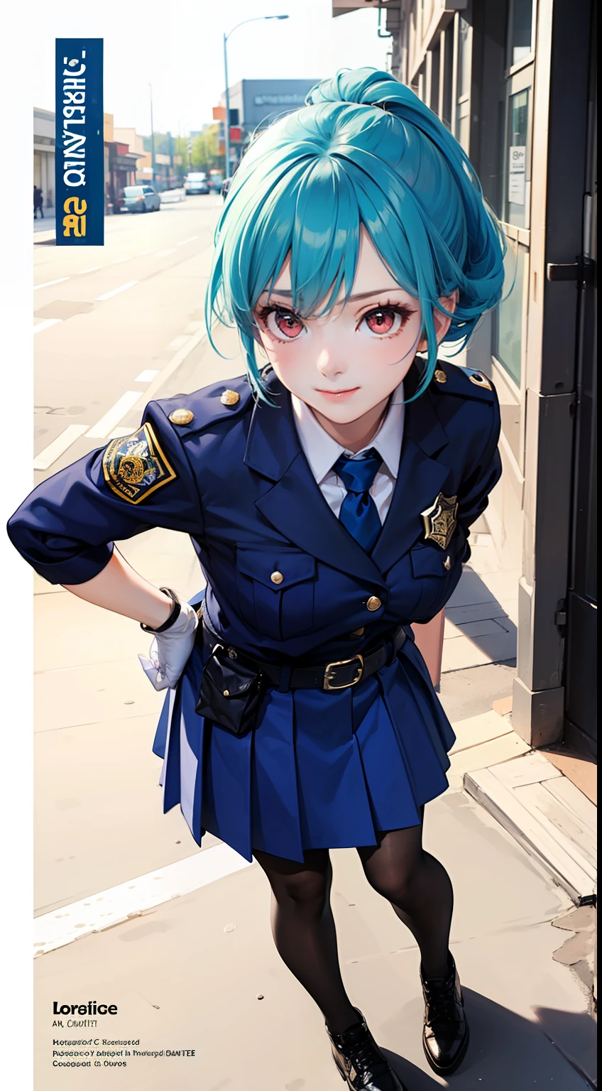 (masterpiece,best quality:1.4), highres, aoi1,1girl,full body,solo,half updo,aqua hair hair|blue hair, folded ponytail, red eyes, skirt, necktie, white gloves, police uniform, belt, black pantyhose, jacket,smile,armband, large breasts, hand on hip, leaning forward, standing,salute,(cover-style:1.2),sidewalk background,dynamic,elements, confident, expression, statement, accessory, majestic, coiled, around,scene, text,bold, attention-grabbing, title, stylish, font, catchy, headline, larger, striking, trendy, focus,