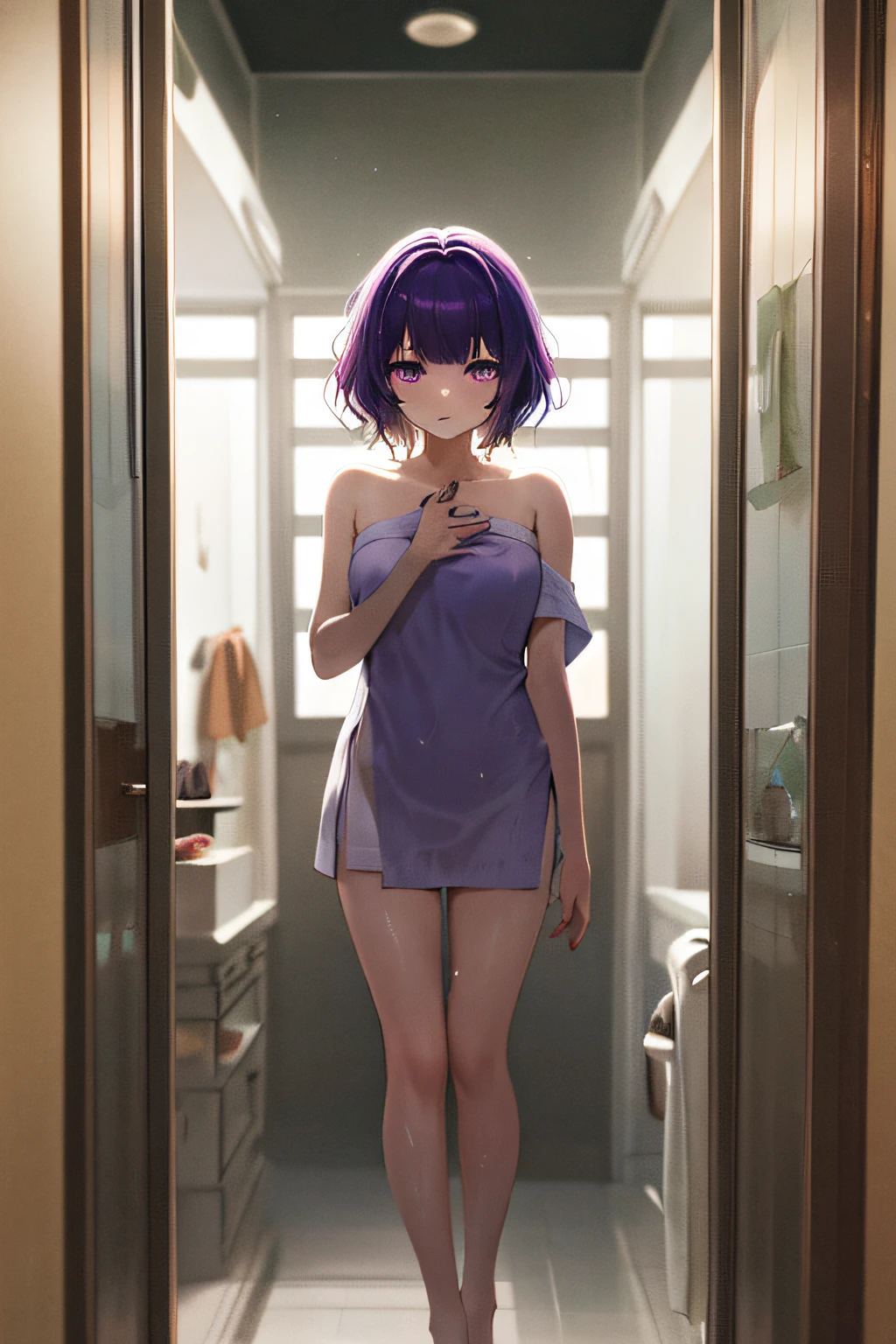 Short purple hair, magical girl, bath towel, full body soaked in bathroom (body focus: 1.25), purple eyes, exuding magic, gloomy, light reflection