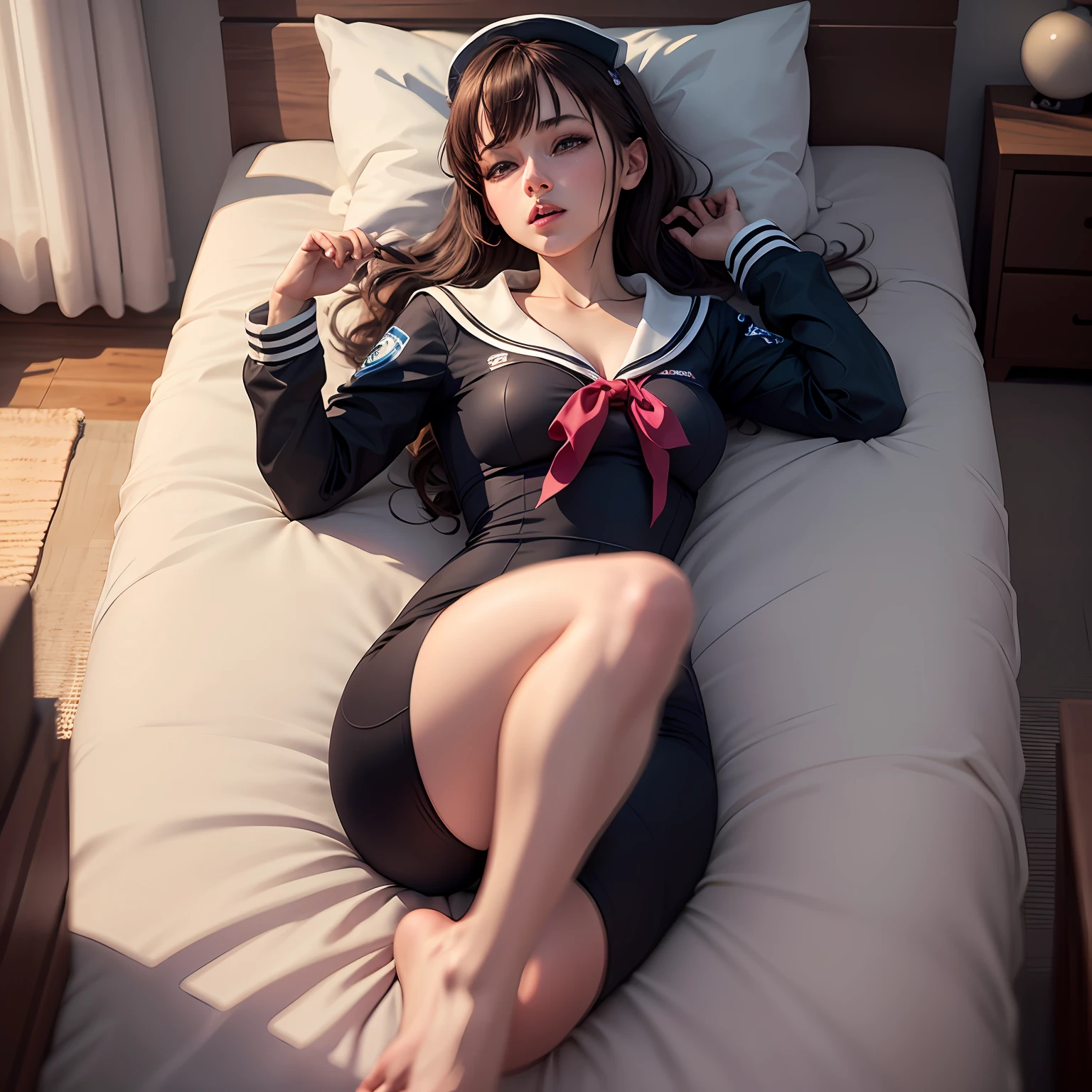 Neon Colors, 4K Resolution, CryEngine Rendering, Unreal Engine Rendering, Octane Rendering, Bed, Realistic Scale, Stereoscopic Perspective, Top View, Seductive, Single, Bunny Girl, Avatar, Lying Down, Looking Away, Eyes Open, Mouth Open, Blushing, Sailor Suit, Hands and Feet Tied, Barefoot --auto