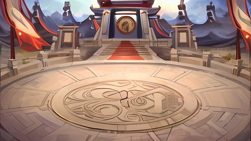 Clock tower painting with flag and red carpet, arena background, fist game concept art, Odin's stone arena background