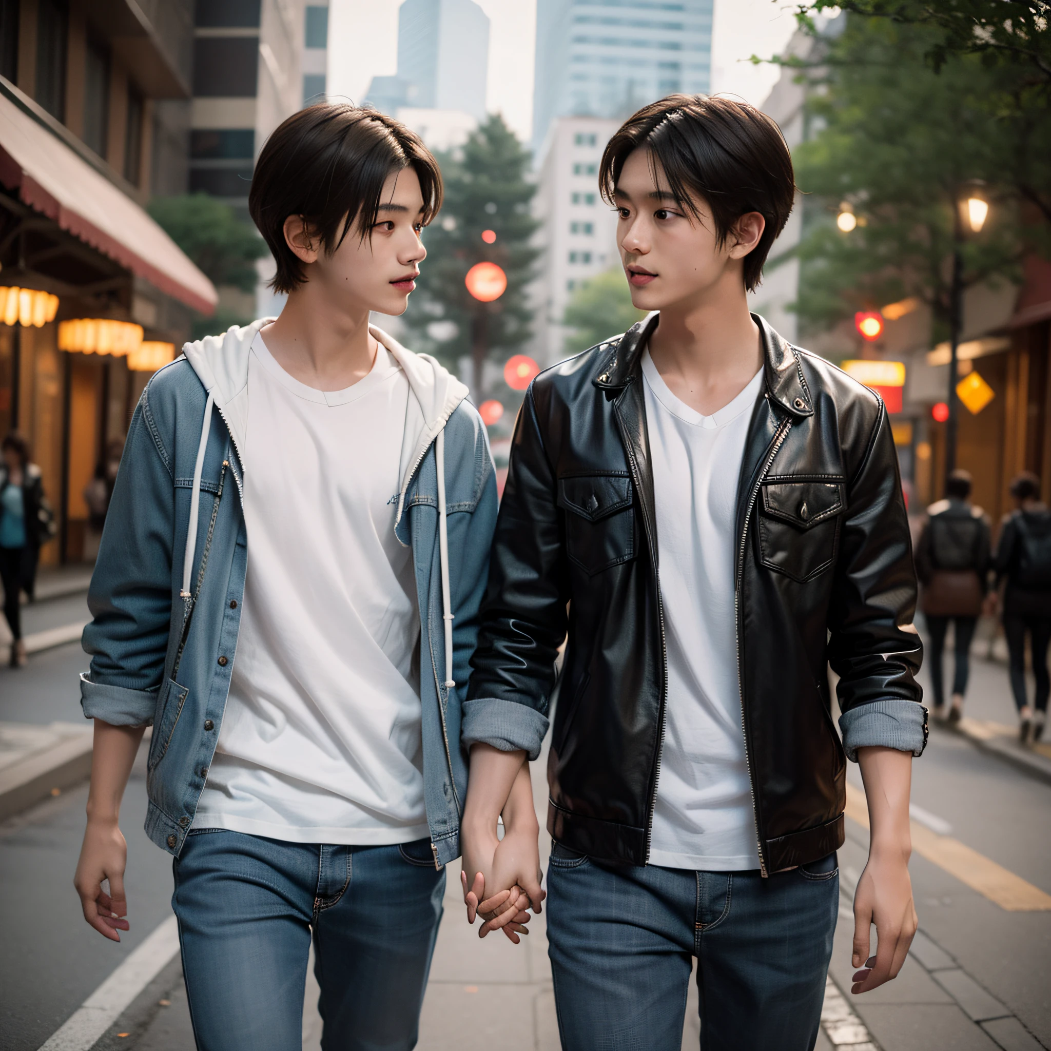 A male college student on campus and his boyfriend, Two boys are walking down the boulevard, Look at each other affectionately, Both of them are very handsome, Delicate facial features, Sunny and cheerful, normal hand, Normal face, wide-eyed, smiley, modern, Romanticism, Fujicolor, panorama, Fujifilm, Eye-Level Shot, chiaroscuro, sparkle, cinematic lighting, Anatomically correct, UHD, super detail, ccurate
