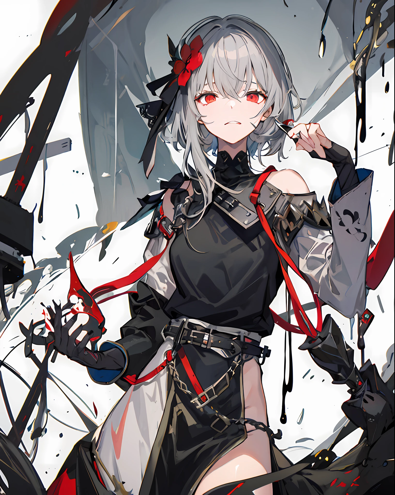 A girl, solo, masterpiece, best quality, gray hair, gray hair, gray hair, red eyes, blackening, darkness, sickle, shadow, villain, sneer, look down, black shadow, sticky black liquid, gloomy