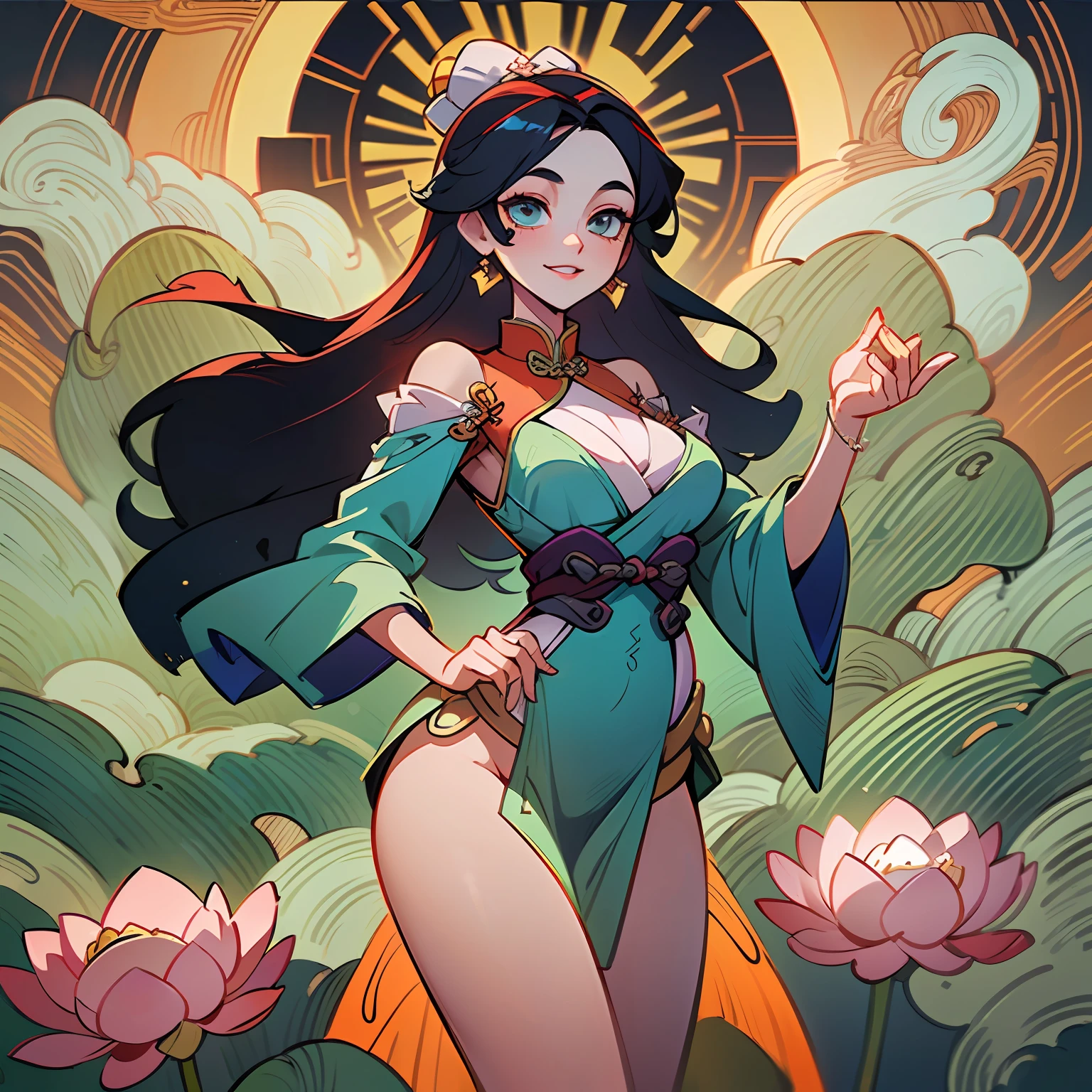 ((High-quality CG, Chinese painting style), (female one), bust drawing, character standing painting, a beautiful fairy dancing in the magnificent sky, red hair, sexy and enchanting body, beautiful and gorgeous posture, beautiful appearance like a flower, dressed in gorgeous clothes, like the first bloom of snow lotus, eyes shining with happiness, full of light, brilliant magic array surrounding, containing oriental aesthetics, gorgeous fairy clothes, exquisite posture, long hair like a waterfall, white light flashing, dreamy clouds, C4D, OC rendering, movie edge light, fine light, masterpiece, super details, epic composition, Ultra HD, high quality, 32k
