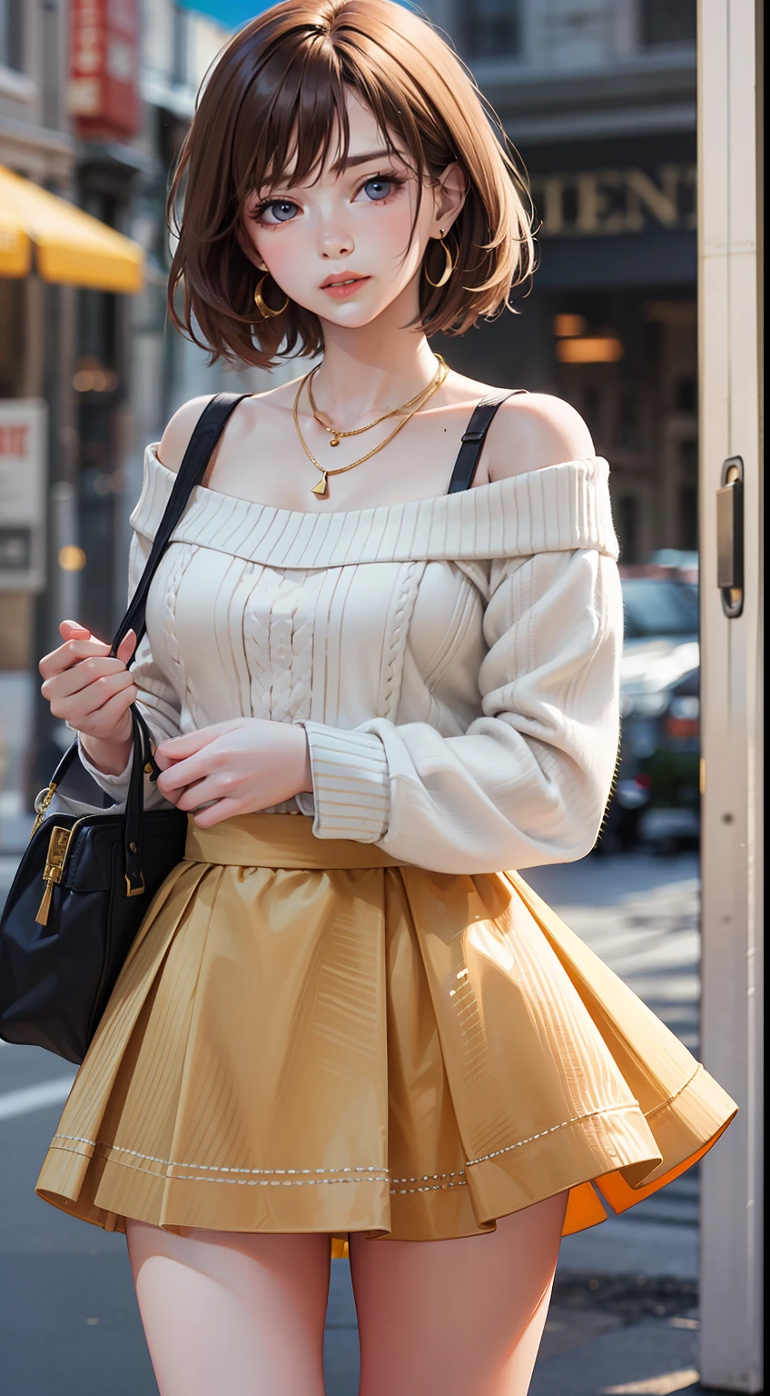 (8K, masterpiece, best quality, ultra-detailed:1.2), extremely detailed face,beautiful detailed eyes,beautiful detailed lips, film lighting, cinematic lighting, ray tracing, illustration, disheveled hair,
1girl, Brown hair, Short hair, White sweater, One word shoulder, Shoulder exposure, Brown skirt, Short boots, With a bag in his hand, Gold earrings, Gold necklace, Whole body, Street, Stand in front of a clothing store, Sunshine, Passersby,
