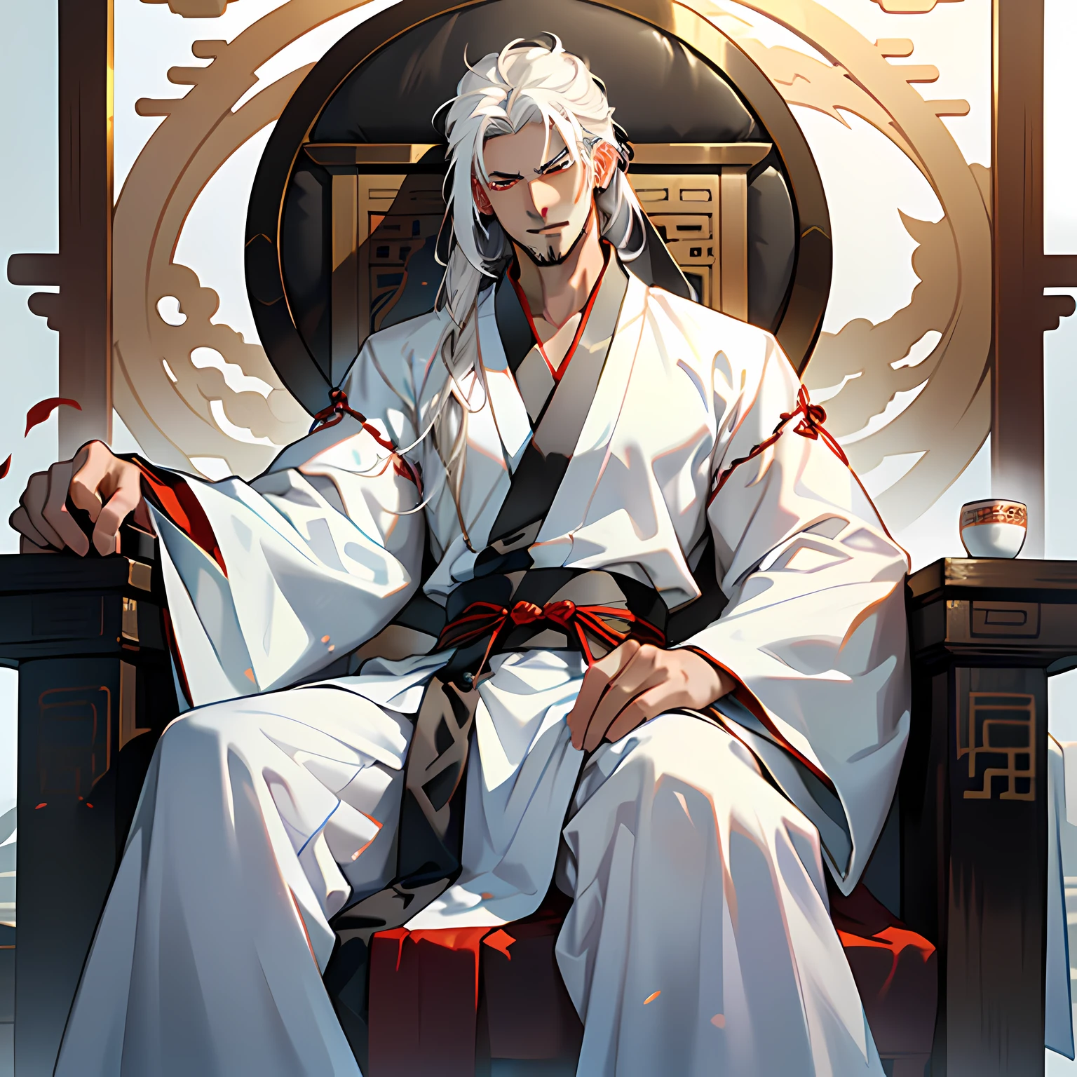 36. (1 person) ( (((white hair))),(((aboy))).((white Hanfu youth)), (((white hair)))(((black clothes))), (((Long white hair))), kingly air, gorgeous, handsome, outstanding temperamen, sits on the sacred throne with a sneer) (background: in the sacred, resplendent palace hall of ancient China).
