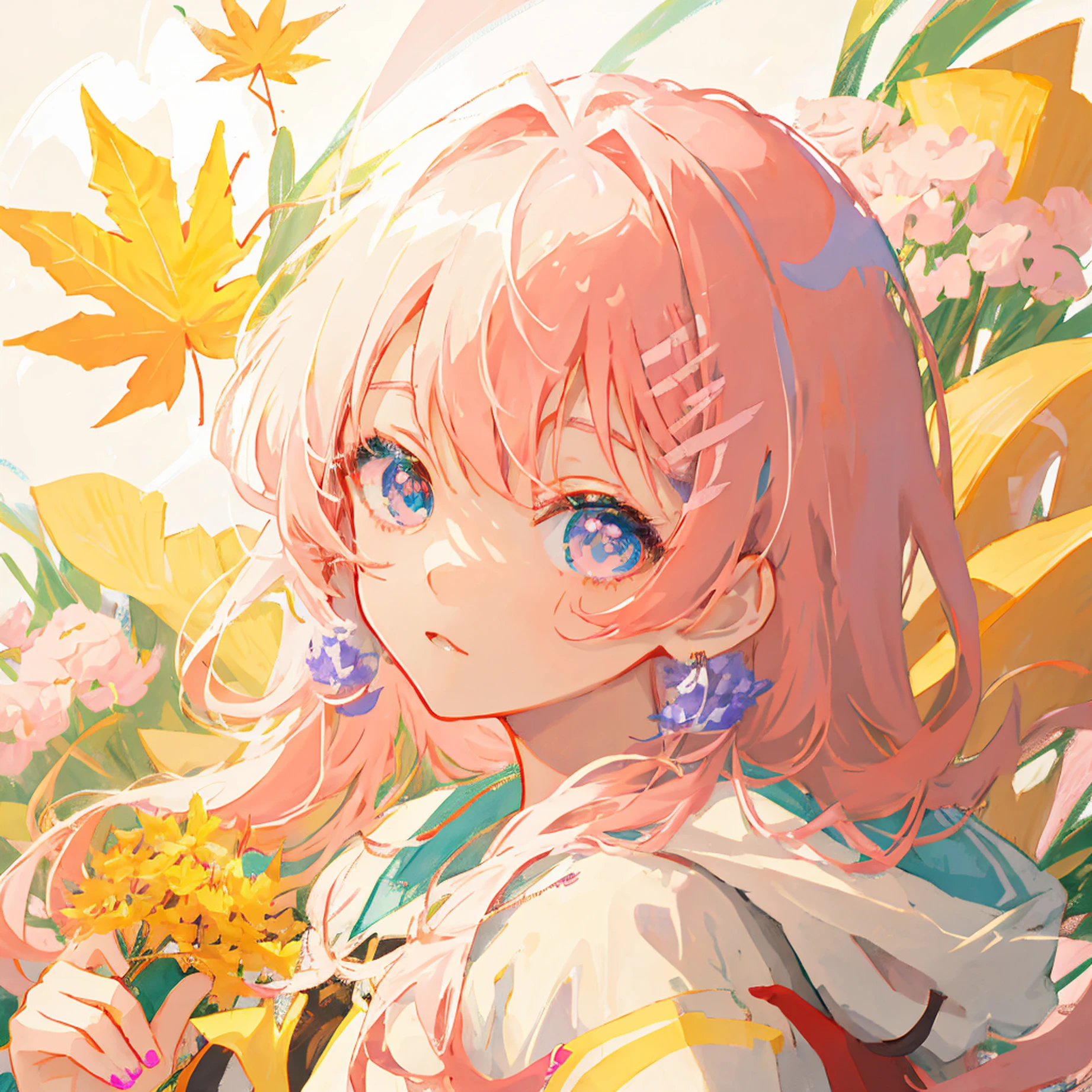 anime girl with pink hair and blue eyes holding a flower, anime style 4 k, anime moe artstyle, detailed digital anime art, anime visual of a cute girl, clean detailed anime art, digital anime illustration, digital art on pixiv, beautiful anime art style, anime style portrait, beautiful anime portrait, anime style illustration, anime illustration, 🍁 cute
