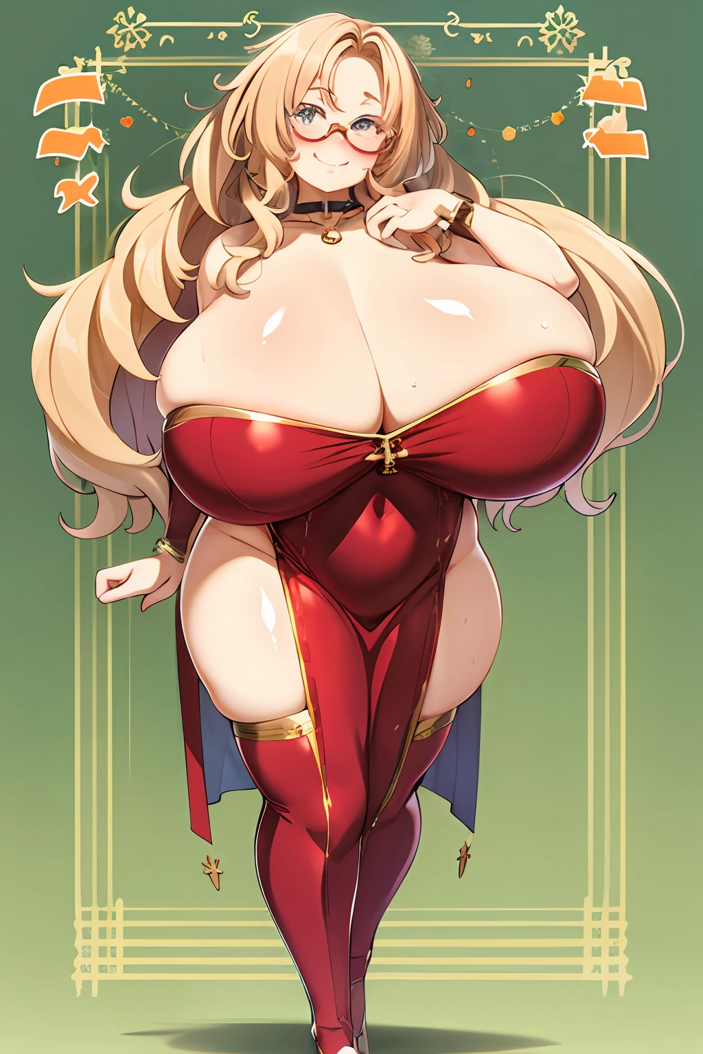 1girl, solo, long hair, glasses, blonde hair, (((giant breasts: 1.3))), large breasts, long hair, curly hair, (thighs: 1.2), heavy blush, (thick thighs: 1.3), wide hips, choker, (happy: 1.3), simple background, shiny skin, wet skin, inside, facing the viewer, ((cleavage)), ((lewd)), best quality, smiling, tight dress, golden dress, jewelry, pelvic curtain, closed mouth, fang, forehead, brassier,  panties, crossed arms, walking, full body, lingerie,