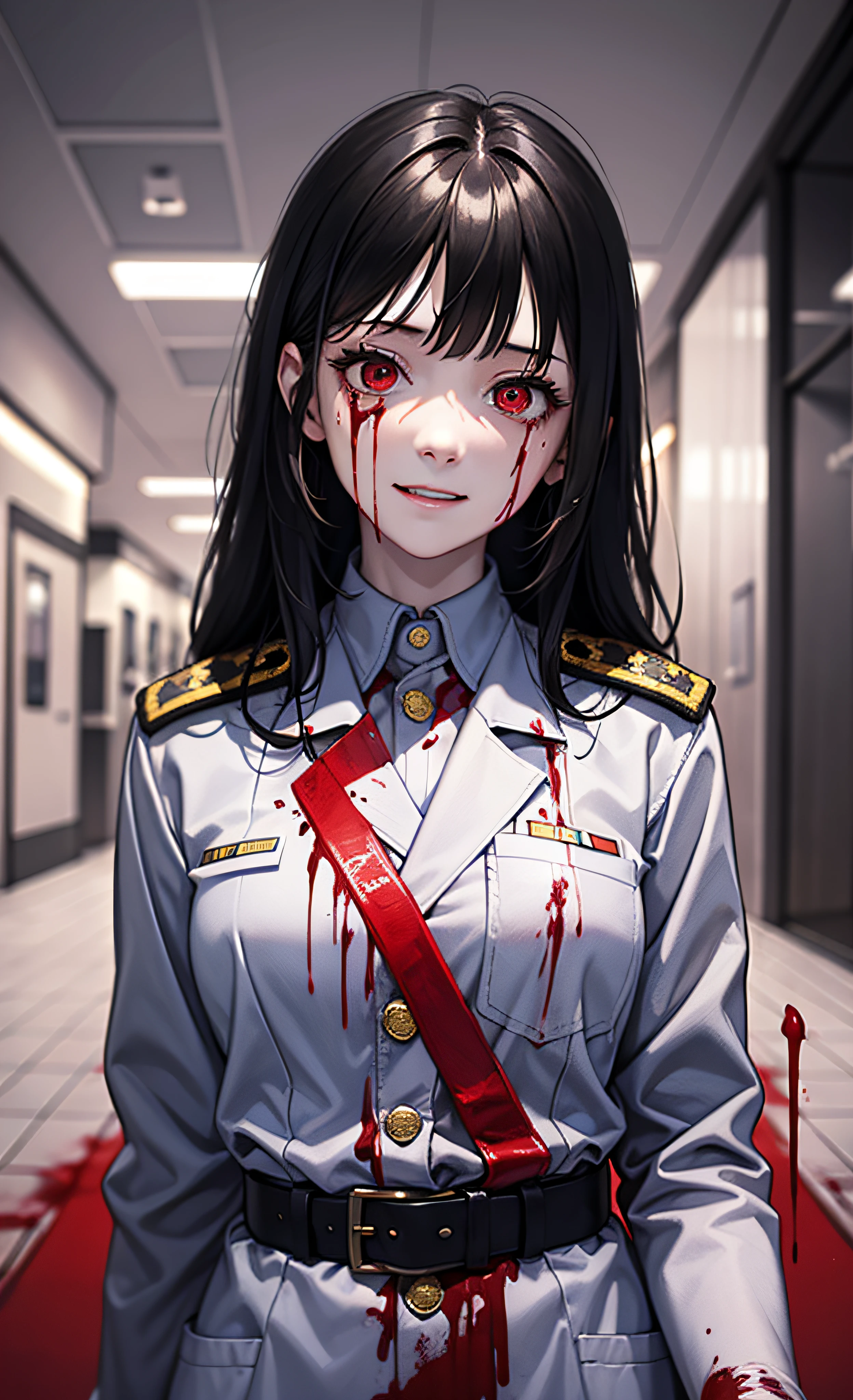 (Masterpiece), in a non-commissioned officer uniform, best quality, 1 girl, pale skin, black hair, evil smile, messy hair, red eyes, glowing eyes, creepy, creepy smile, crazy expression, blood on face, blood on clothes, walking, falling, hanging arm, loose arm, hospital, corridor, darkness, lighting, creepy, scary, flashing lights, blood, horror, dim light