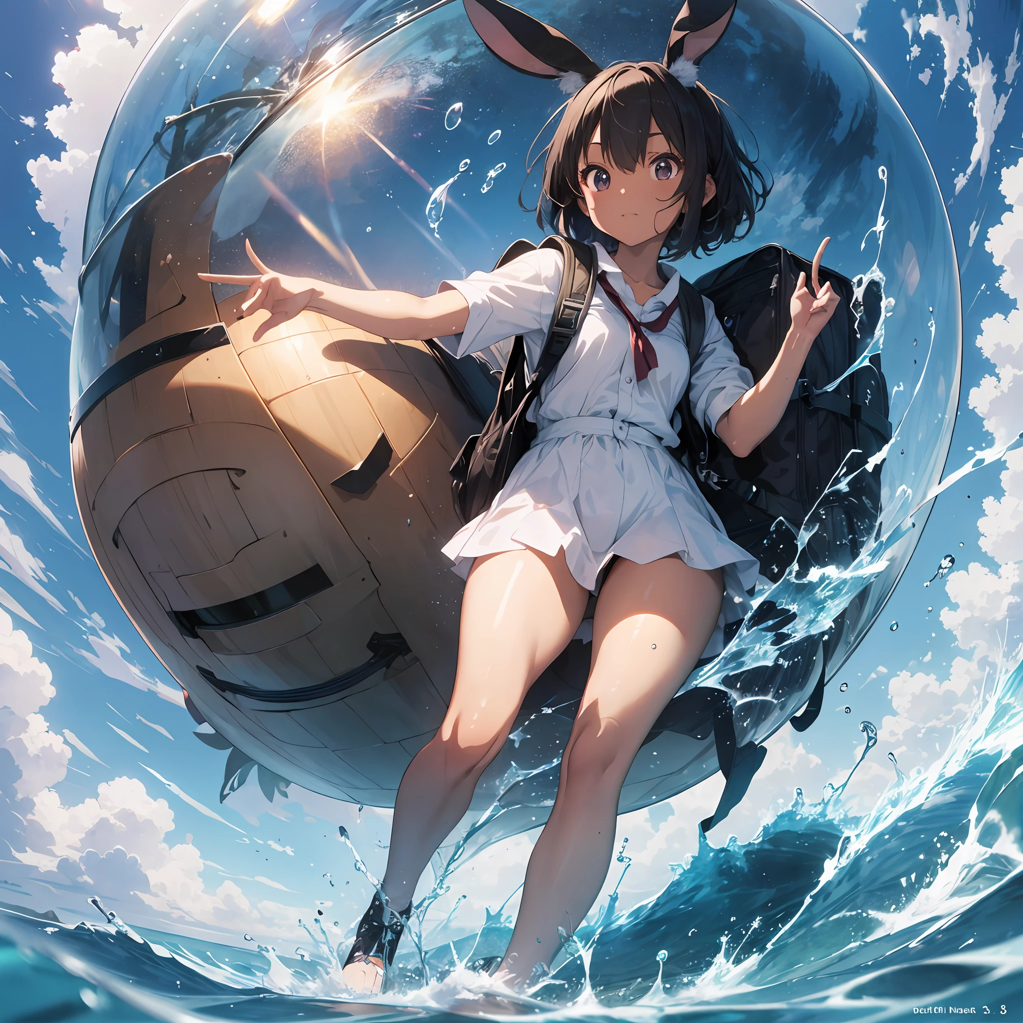Big tropical fish, water sphere, big tropical fish in water, thick eyebrows, (huge backpack: 1.5), (dark skin: 1.3), brown skin, movie lighting, small, rabbit ears, (master master masterpiece), ((highest quality)), (super detailed), shiny skin, full body anime girl, clean and detailed anime face, high resolution anime eyes, five fingers, textile shading, Perfect human structure, perfect anatomy,