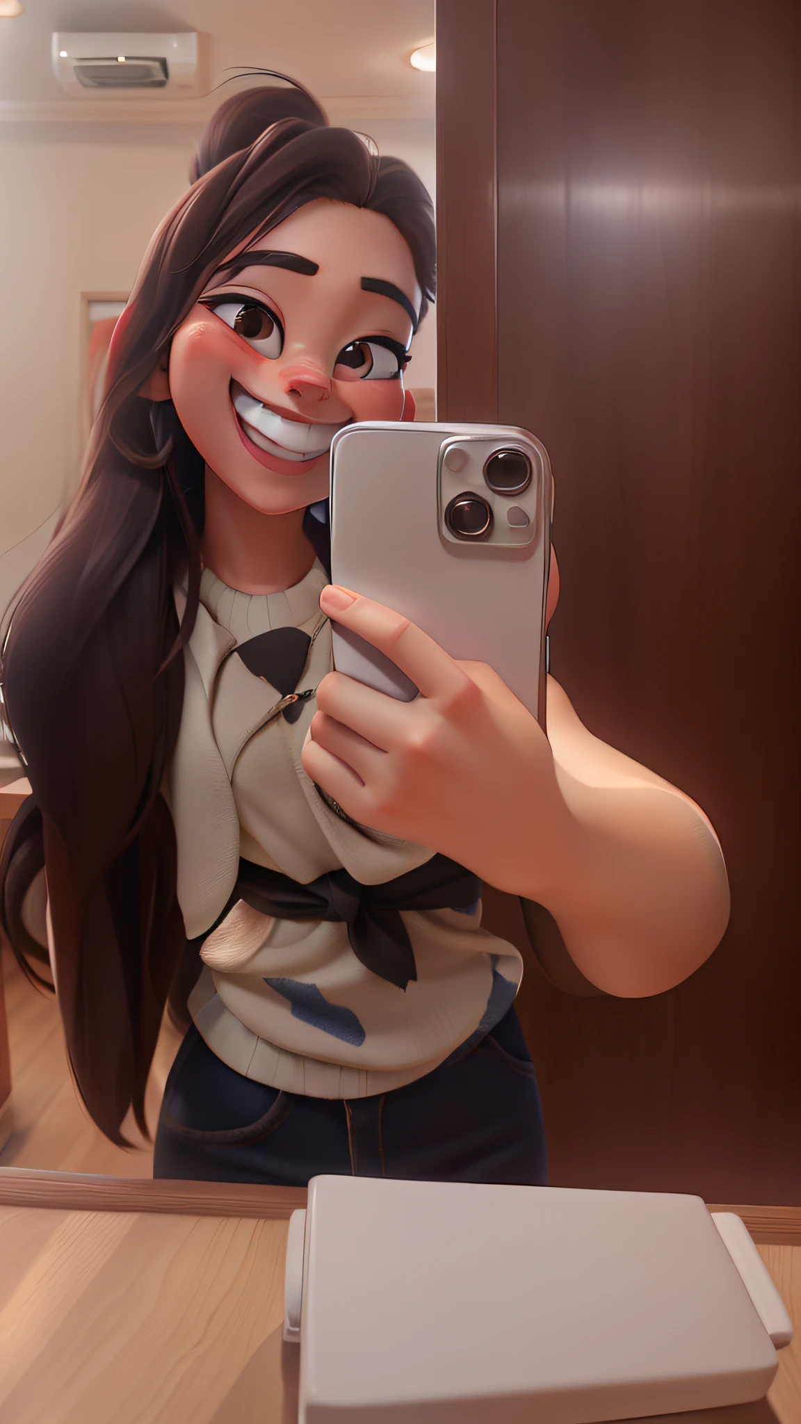 20-year-old girl, taking a picture, with a smile from the corner of her mouth, in front of the mirror