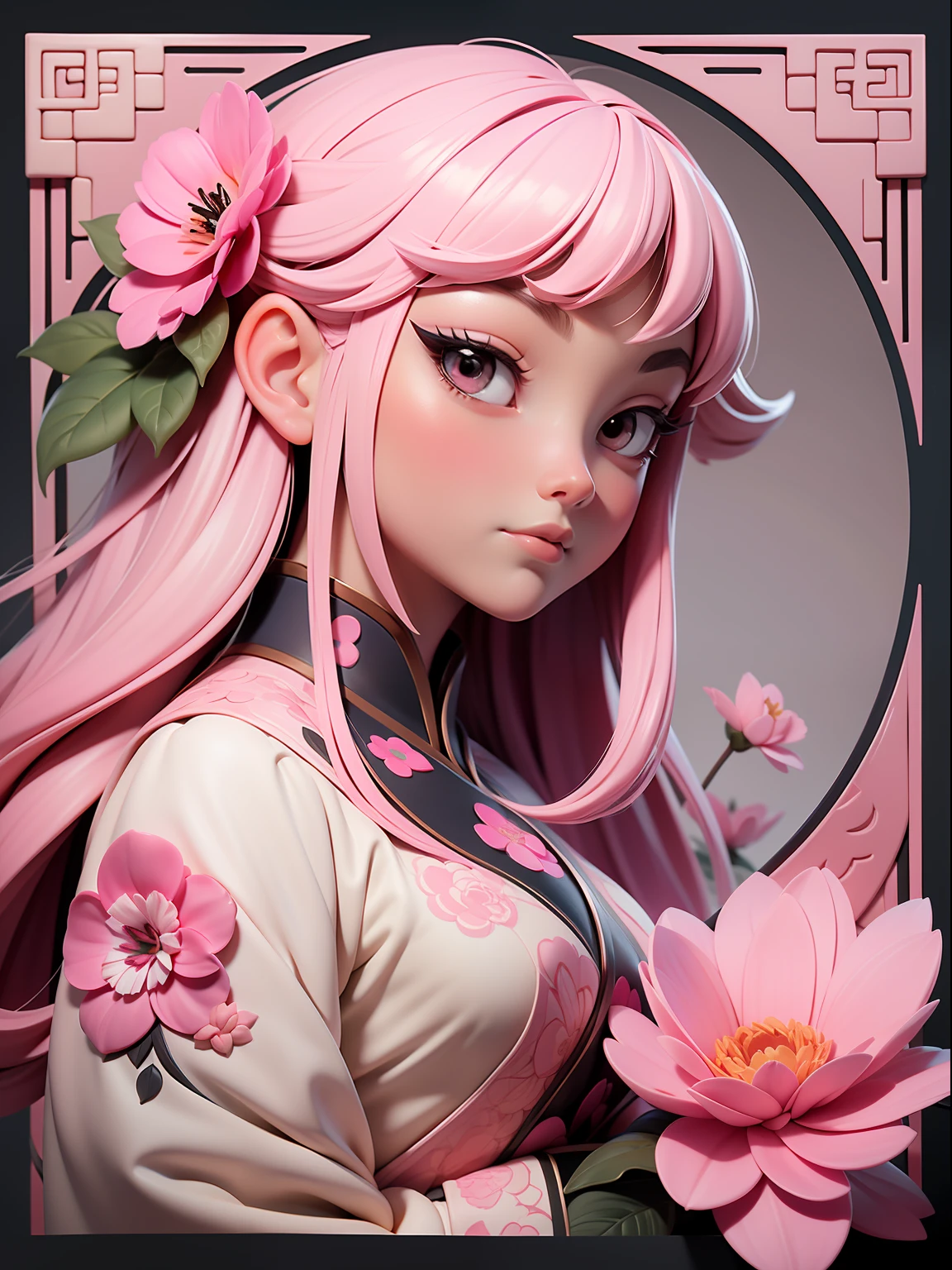 Pink flower frame, front view, a girl holding a flower Head, in ultra-detailed illustration style, influenced by ancient Chinese art, serene faces, 8 colorful moe bius, pale color palette, heavy shadows, closed on -AR 2:3 -S 50 -niji 5 39 pink flower frame Pink flower border Serene face Serene face Light color palette Light color palette