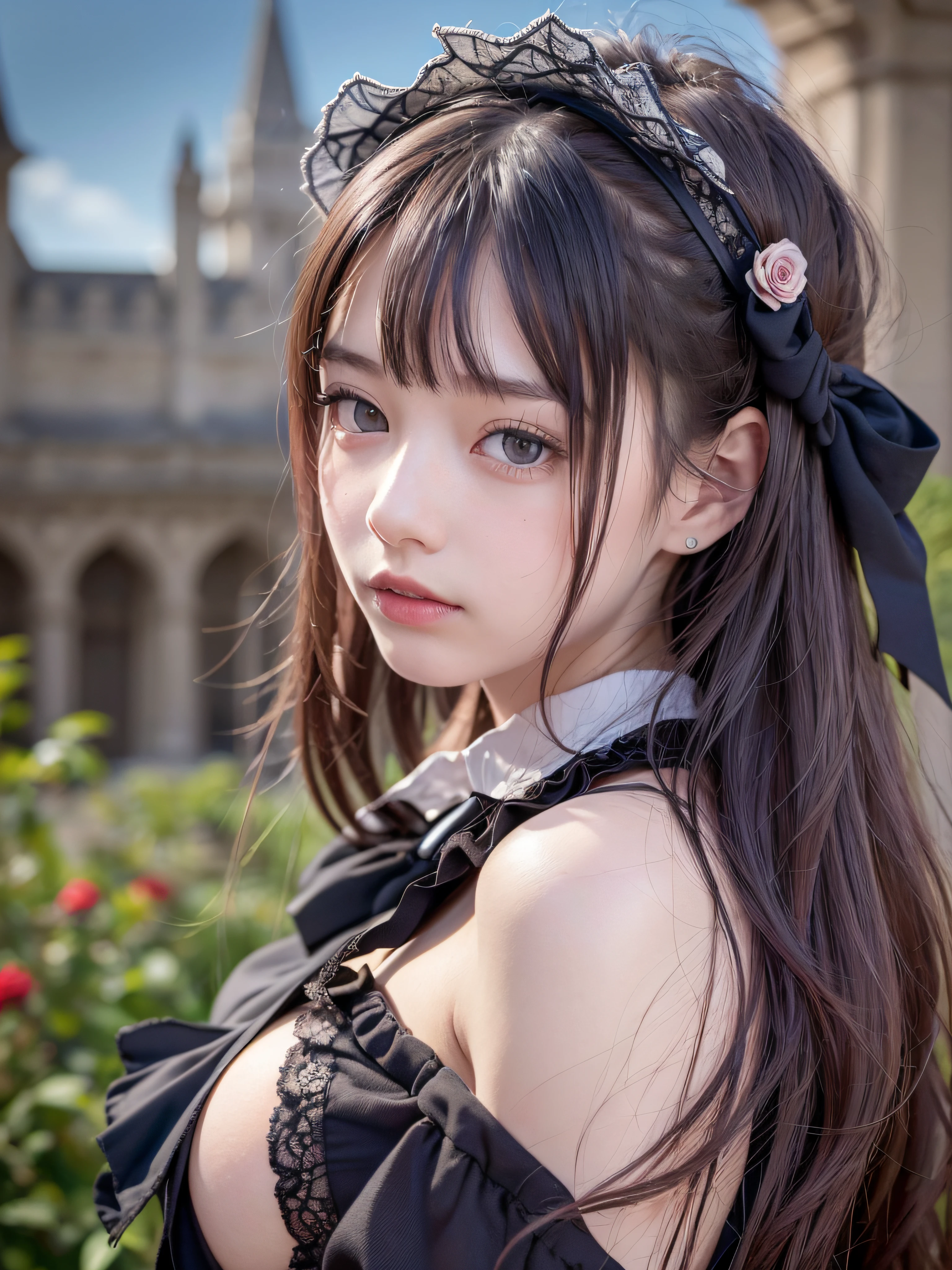 1 nogizaka girl, utterly cute, bishojo, (((yo))), (gothic lolita fashion), an exquisitely detailed and beautiful face and eyes and skin, detailed black shine hair, elegant frills, frilled tie, ribbon tie, rose hair accessory, smile at the camera, cowboy shot, castles scenery in europe, professional lighting, (realistic, photo-realistic:1.37), incredibly absurdres, (insanely detailed:1.3), 8k, (masterpiece), (best quality:1.4), (ultra high res:1.2), (RAW photo:1.2), (a dress with delicate lace, soft fabric, and a beautiful rose pattern), perfect anatomy, 4fingers and 1thumbs, ultra detailed background, (unity 8k wallpaper)