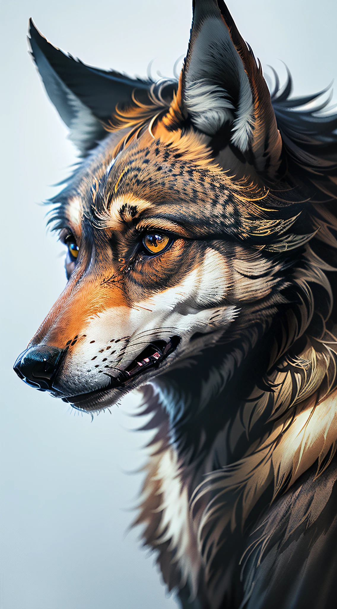 A great leader of a wolf, hunting, light, white background (realistic).