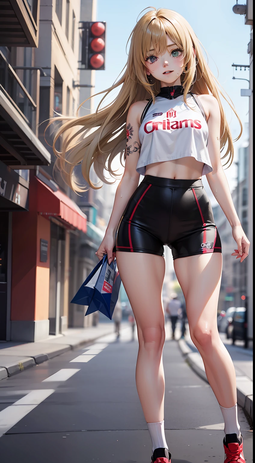Anime girl, shoulder length messy blonde hair, heterochromia brown and grey, Real Madrid jersey , happy, shopping, Full body Beautiful anime style girl, sweat leggs, clean detailed faces, intracate clothing, analogous colors, glowing shadows, beautiful gradient, depth of field, clean image, high quality, high detail, high definition, Luminous Studio graphics engine, cute face, slim waist, nice hips, tattoo in the left arm,