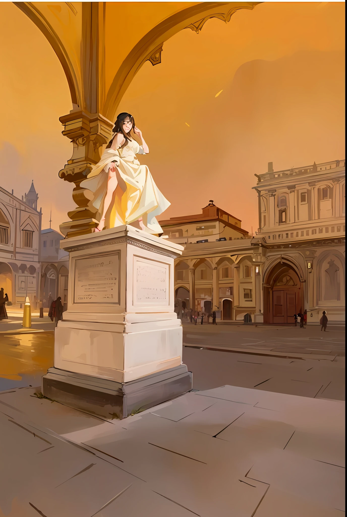 Model shooting style, (extremely detailed CG Unity 8k wallpaper), full-shot body photo of the most beautiful artwork in the world, stunning beautiful photo realistic available, super realistic super detailed photo, a beautiful girl as a female dancer entering the Loggia dei Lanzi of Florence,complex dress, banquet, crowd, [slight smile], (Sculpture of Hercules background), (princess eyes, shining pupils), detailed symmetrical beautiful hazel eyes, detailed gorgeous face, highly detailed, Vibrant, professional majestic oil painting by Ed Blinkey, Atey Ghailan, Studio Ghibli, Jeremy Mann, Greg Manchess, Antonio Moro, ArtStation Trends, CGSociety Trends, Complex, High Detail, Sharp Focus, Dramatic, Realistic Painting Art, by Midjourney and Greg Written by Rutkowski