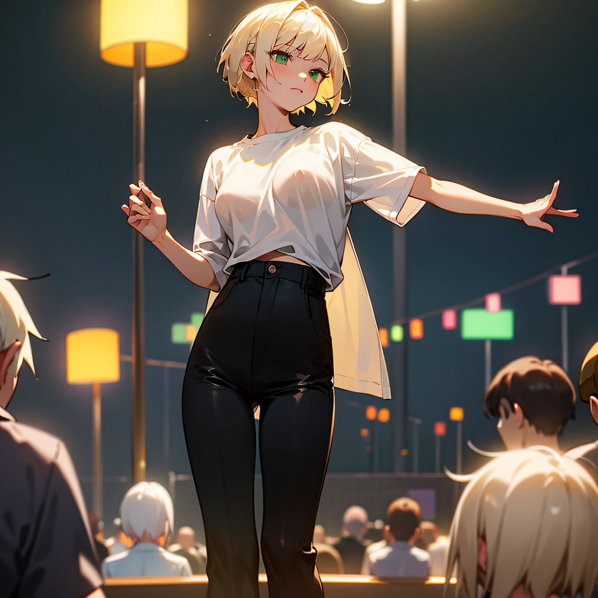 masterpiece, best quality, nsfw, 1girl, platinum blonde, short hair, green eyes, braids, small bubbly breasts, on the street, night, neon, white t-shirt, no bra, black pants, poker face, front view, standing, in the crowd --auto