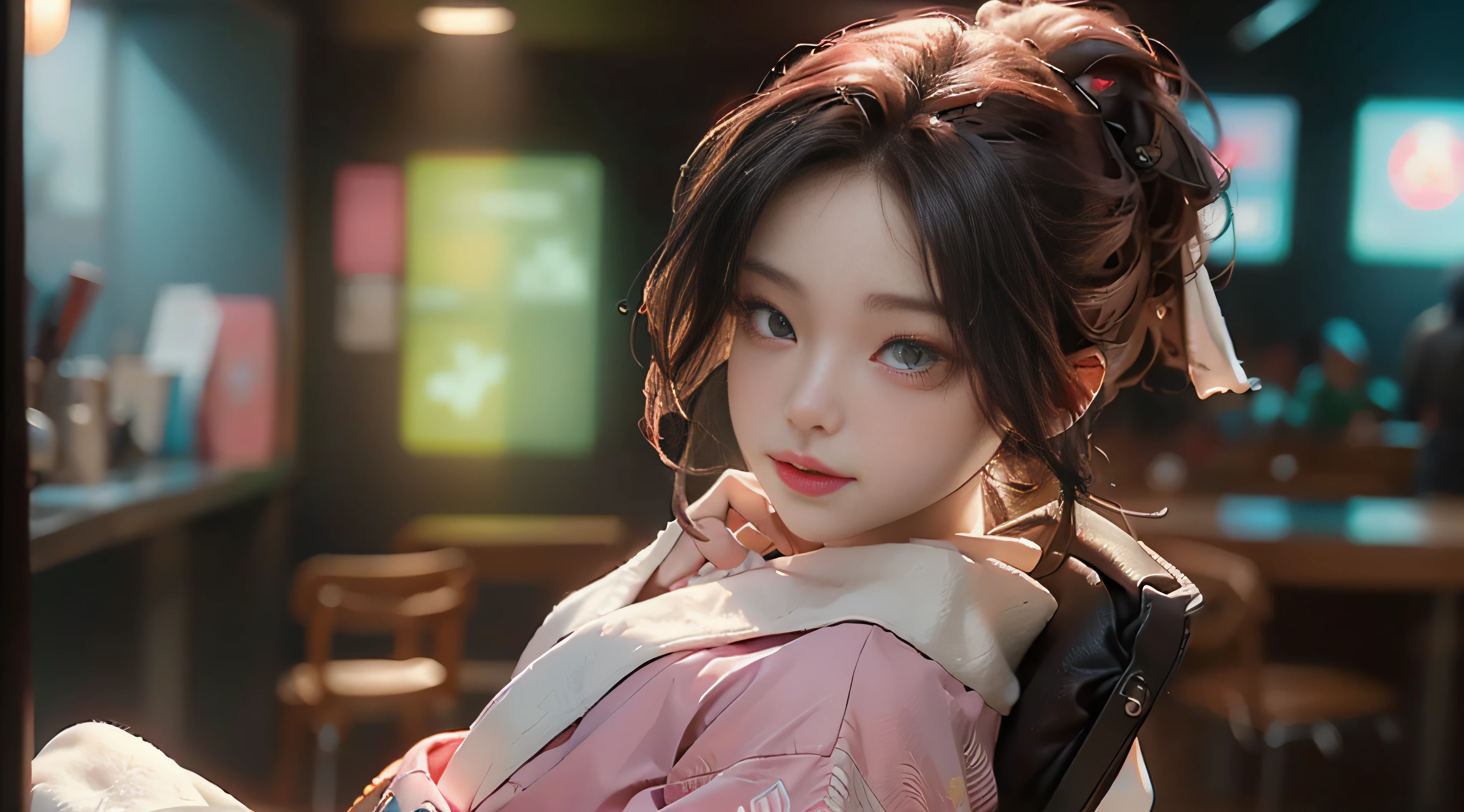 ((Best Quality)), ((Masterpiece)), (Detail: 1.4), 3D, Beautiful Cyberpunk Female Image, HDR (High Dynamic Range), Ray Tracing, NVIDIA RTX, Super Resolution, Unreal 5, Subsurface Scattering, PBR Texture, Post-Processing, Anisotropic Filtering, Depth of Field, Maximum Sharpness and Sharpness, Multi-layer Texture, Albedo and Highlight Mapping, Surface Coloring, Mitsu-Accurate Simulation of Material Interactions, Perfect Proportions, Octane Rendering, Two-color Light, Large Aperture, Low ISO, white balance, regular three-point, 8K RAW, beautiful bright pupils, flowing robe, fine pupils, delicate face and eyes, long eyelashes, blush, fluffy hair, pink lips, pure, seductive