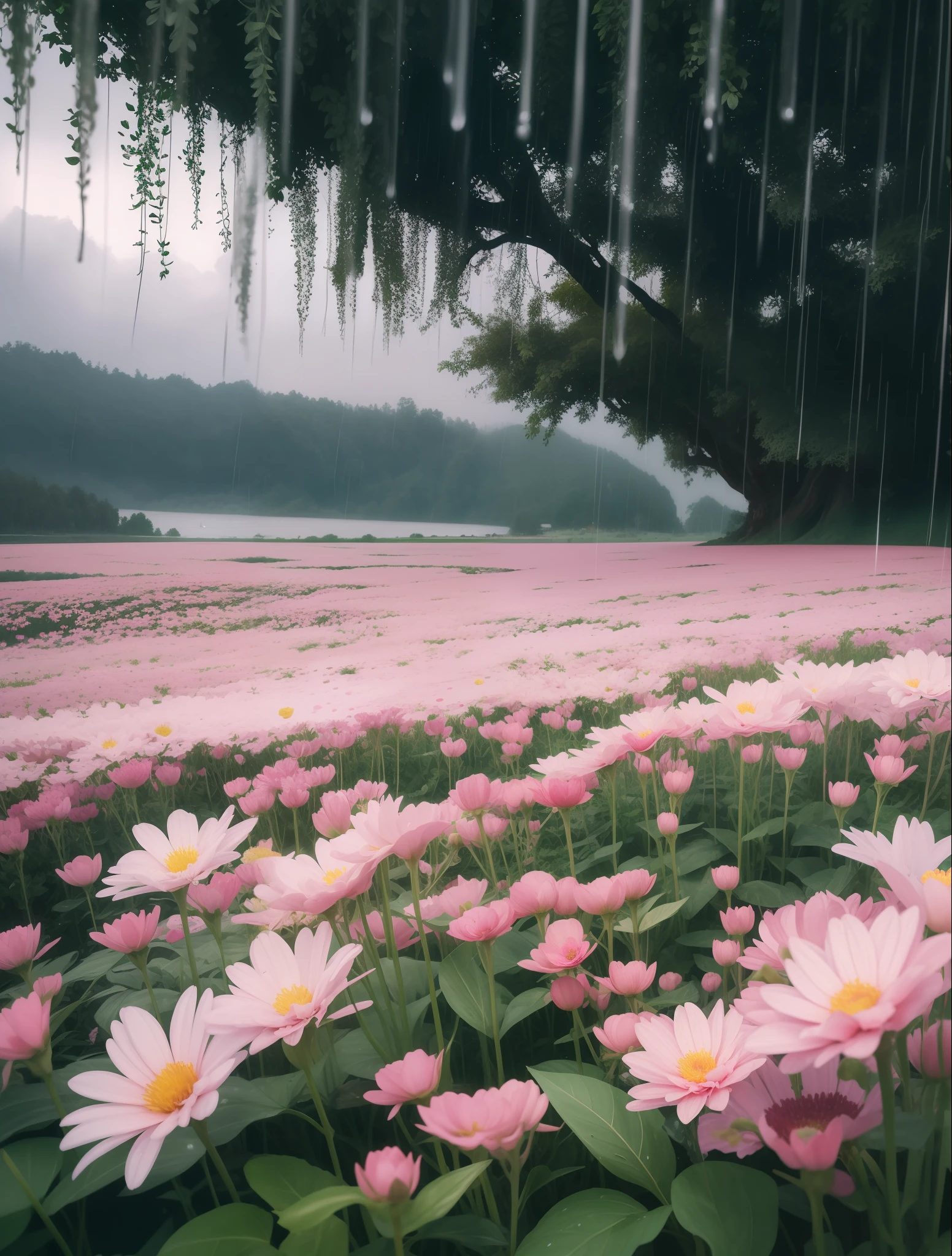 "Vivid and immersive rainy landscapes adorned with vibrant and realistic flowers 🌧🌸 in stunning HD & 4K quality."