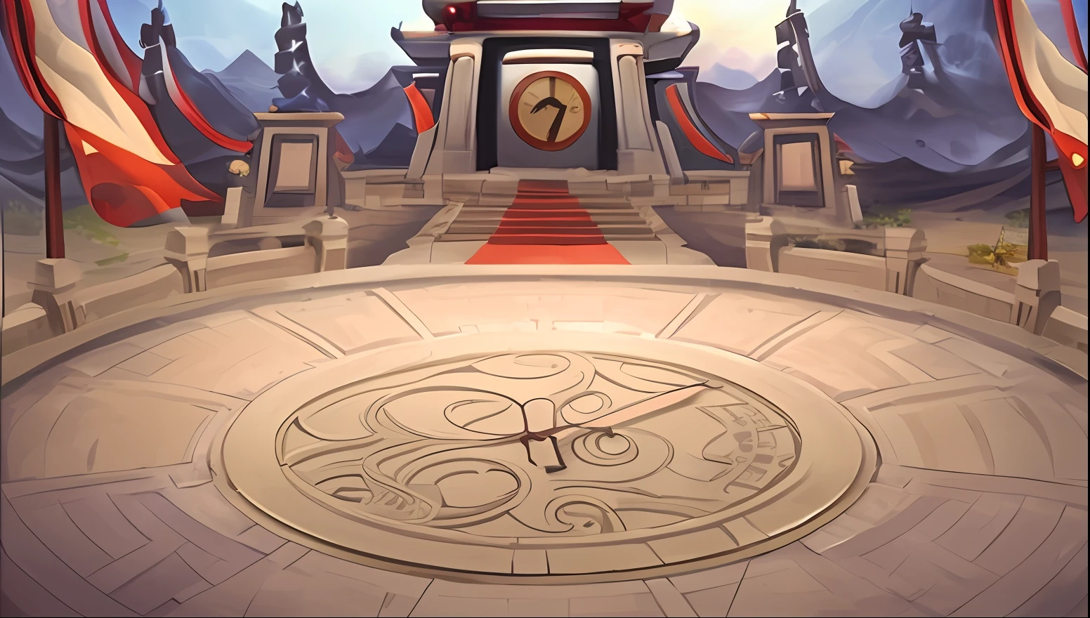 Clock tower painting with flag and red carpet, arena background, fist game concept art, Odin's stone arena background