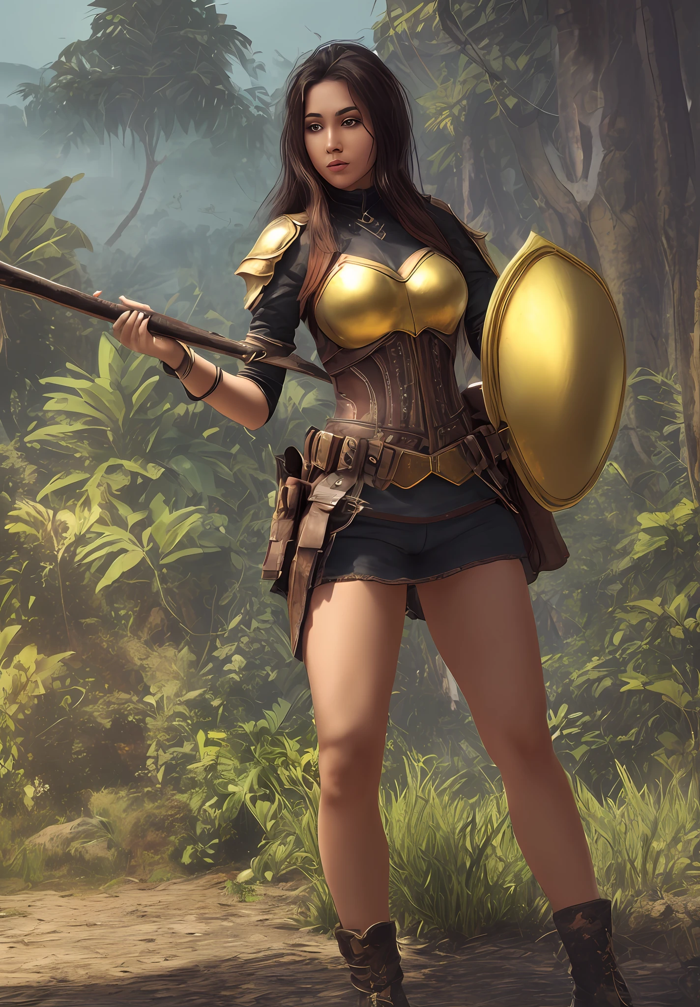 (Full body, (dynamic pose), action pose), (edge lighting, studio lighting, distant moonlight, night, bloom), (film, best quality, masterpiece, ultra hd texture, highly detailed, ultra-realistic, complex detail, 8k, realistic, concept art, mask painting, autodesk maya, vray rendering, ray tracing, hdr), (dslr, full-frame, 16mm focal length, f/8 aperture, dynamic perspective, dynamic angle, golden ratio, wide angle photography, Wide field of view, deep depth of field, zoomed) tight sports combat suit, comic oriental girl, cyberpunk, sword and shield knight, shield made of durian shell in left arm, wooden stick in right hand, wooden stick head is durian, rainforest background