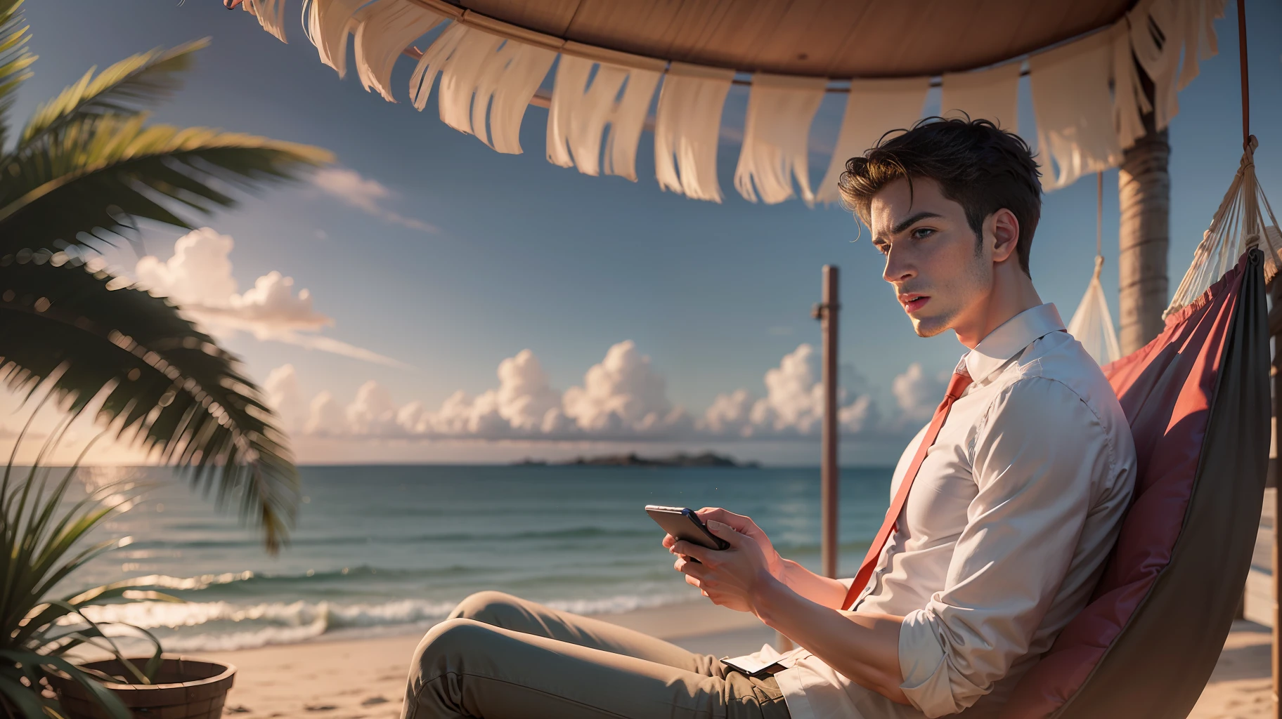 In the evening, by the sea, a young man sits in a hammock answering the phone with an impatient expression