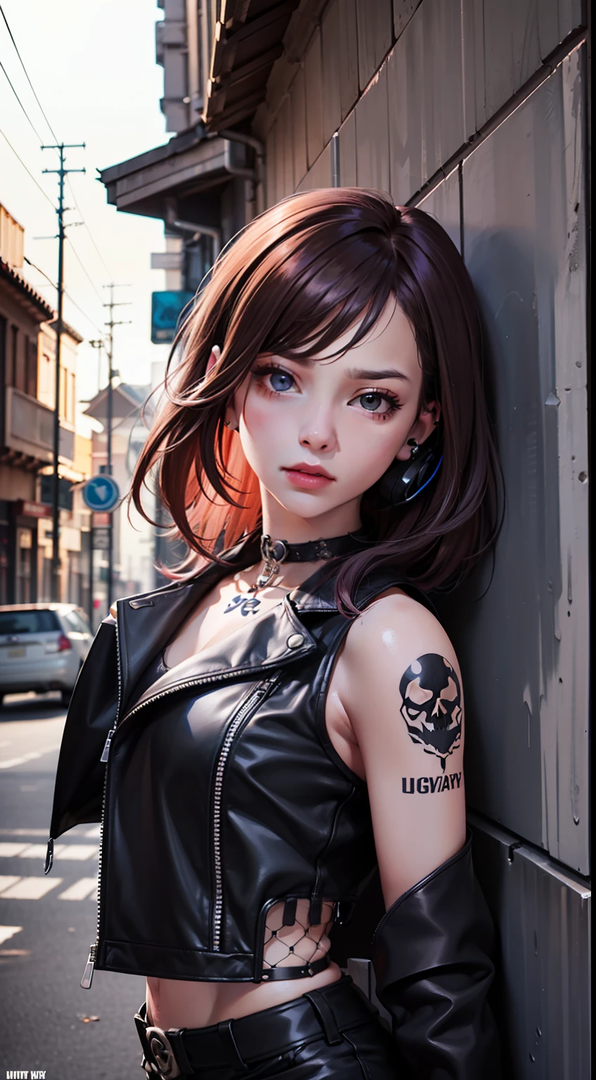 ((masterpiece)), (realistic),(3d face),illustrations,solo,(original),(very detailed wallpaper),photographic reality, very detailed illustrations, (super-complex detail),(delicate face) , perfect detail features,perfect detail,(super complex details), (best lighting),(upper body),1girl,(matrue women:1.2),mid shot,(Punk Fashion), (Earphones), (Modern), (Vibrant), (Disgusted Expression), (Pink and Purple Ombre Hair),(glowing tattoo:1.1), (Sassy), (Sneering), (Confident), (Sleeveless Top), (Black Leather Jacket), (High-Waisted Shorts), (Fishnet Tights), (Combat Boots), (Skull and Crossbones Choker),(Dark Eye Makeup), (Bright Lipstick), (Graffiti Background), (Street Art), (Urban), (Digital Art), (2D Illustration),4K unified,octane rendering,atmospheric 8k ultra detailed,amazing,epic,vivid,Stunning art,dreamy,best shadow,(extremely detailed CG unity 8k wallpaper),Unreal Engine, amazing fine details and brush strokes, smooth, hd semirealistic anime cg concept art digital painting,cg painting,(photorealistic),