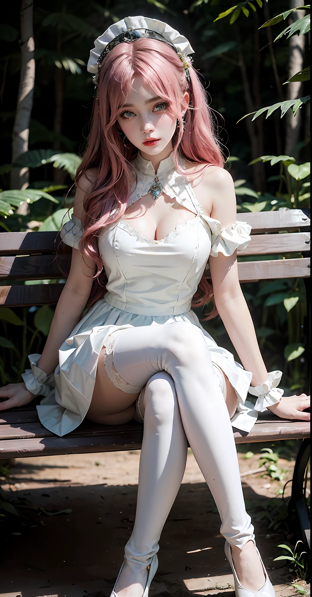 araffe sitting on a bench with a pink hair and a white dress, anime barbie in white stockings, elegant glamourous cosplay, anime girl cosplay, ornate cosplay, lovely languid princess, belle delphine, royal elegant pose, cosplay photo, anime goddess, thighhighs and skirt, a sexy maid in a magical forest, cute anime waifu in a nice dress