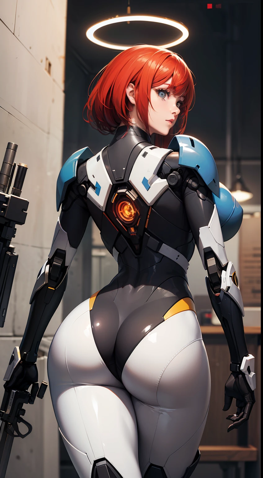 Original, very detailed wallpaper, very detailed illustrations, (1 Girl) , perfect female body, beautiful eyes, (delicate face) ,  (seductive expression) , eyes, impact, 
frame arms girl, mecha musume, on mecha, super plugsuit, bodysuit under clothes, (mechanization),((back focus)), back focus, mechanical halo, red hair, running towards viewer, ((curvy)), 
(shiny skin) , (best lighting) , (super-complex detail) , 4K Unity, (super-detailed CG: 1.2) , (8K: 1.2), octane rendering，