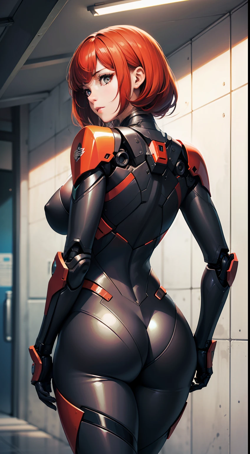 Original, very detailed wallpaper, very detailed illustrations, (1 Girl) , perfect female body, beautiful eyes, (delicate face) ,  (seductive expression) , eyes, impact, 
frame arms girl, mecha musume, on mecha, super plugsuit, bodysuit under clothes, (mechanization),((back focus)), back focus, mechanical halo, red hair, running towards viewer, ((curvy)), 
(shiny skin) , (best lighting) , (super-complex detail) , 4K Unity, (super-detailed CG: 1.2) , (8K: 1.2), octane rendering，