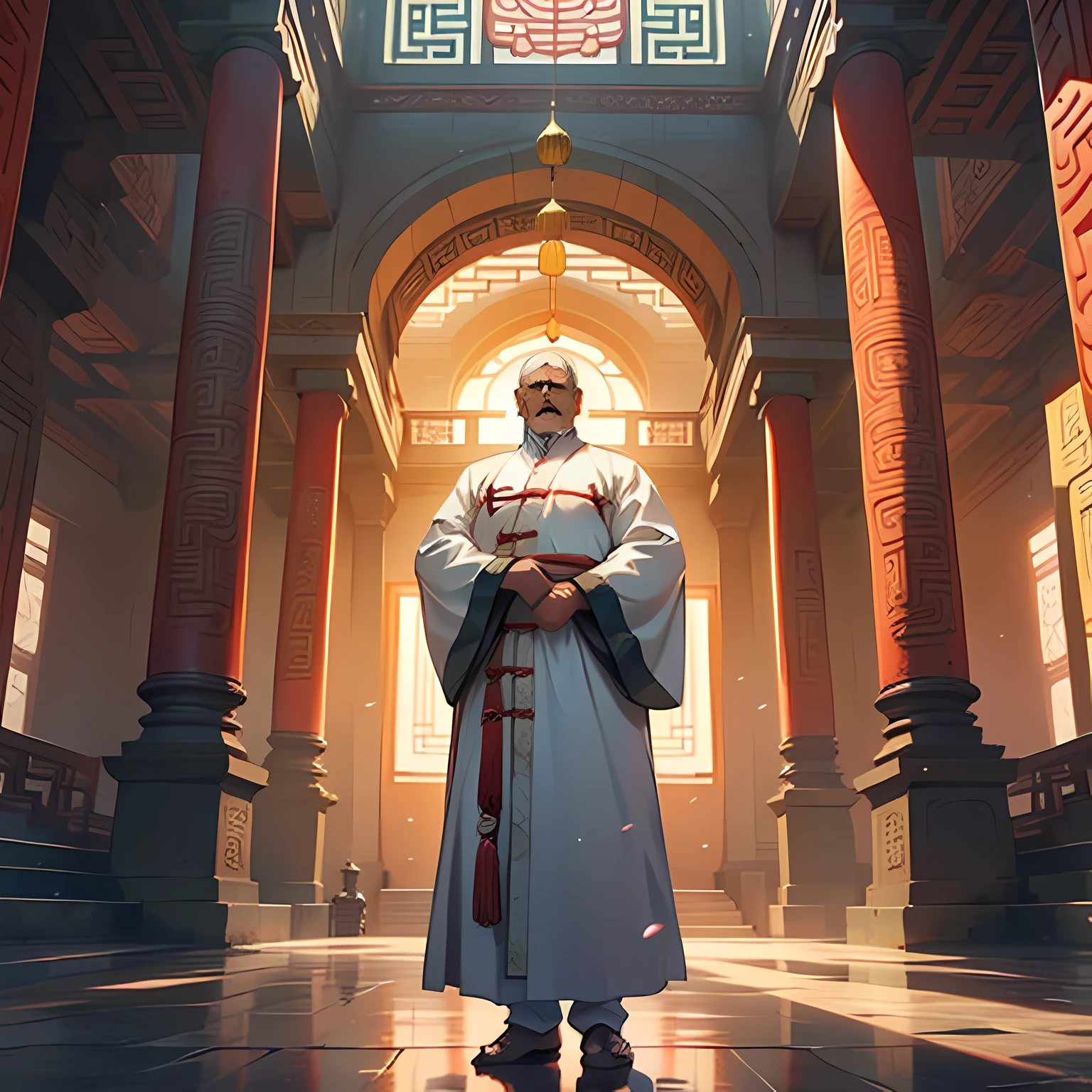 30. (1 person) (the old man in white clothes looks up in awe) (background: in the sacred, resplendent palace hall of ancient China).