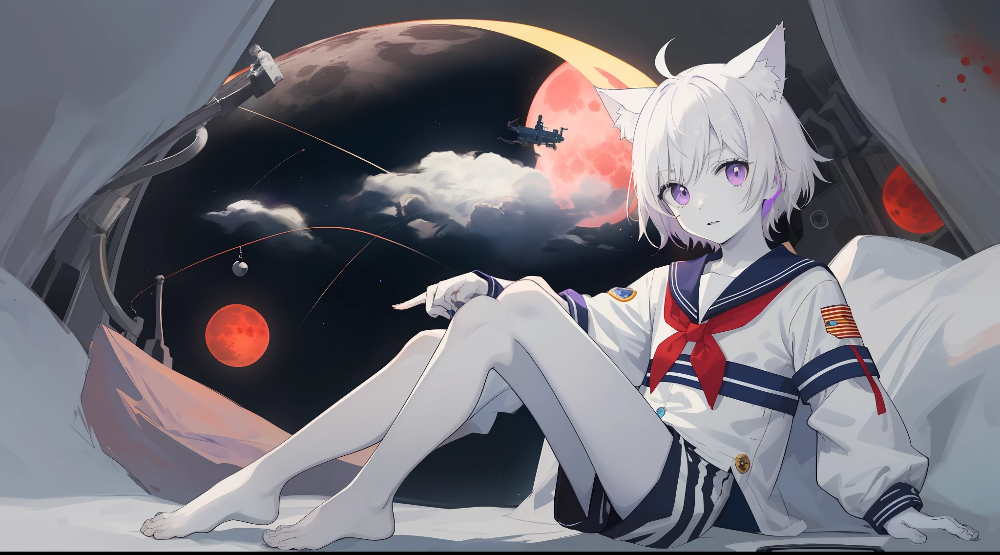 ((Pale Skin)), (Little Boy), (Red Moon), (Short Hair), (Purple Eyes), (White Hair), (Blue and White Striped Sailor Suit), (Blue and White Striped Shorts), (Barefoot), (Happy), (Cat Ear Tail), (Handsome), (Sitting on the Moon), (Zombie), (Space Station Background)